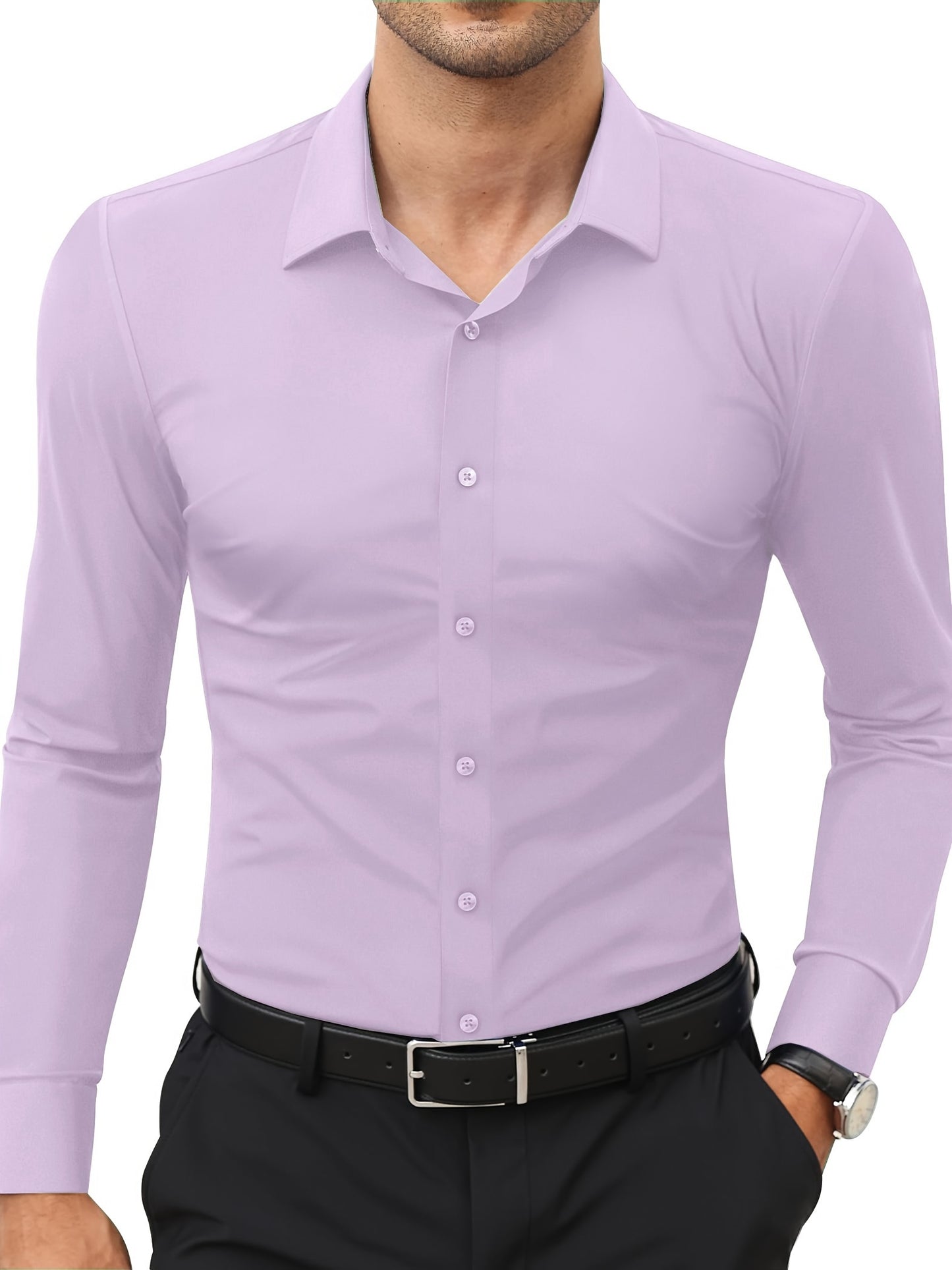 Basic Solid Men's Daily Stretch Formal Dress, Men's Slim Fit Long Sleeve Button Up Shirt, Spring Fall