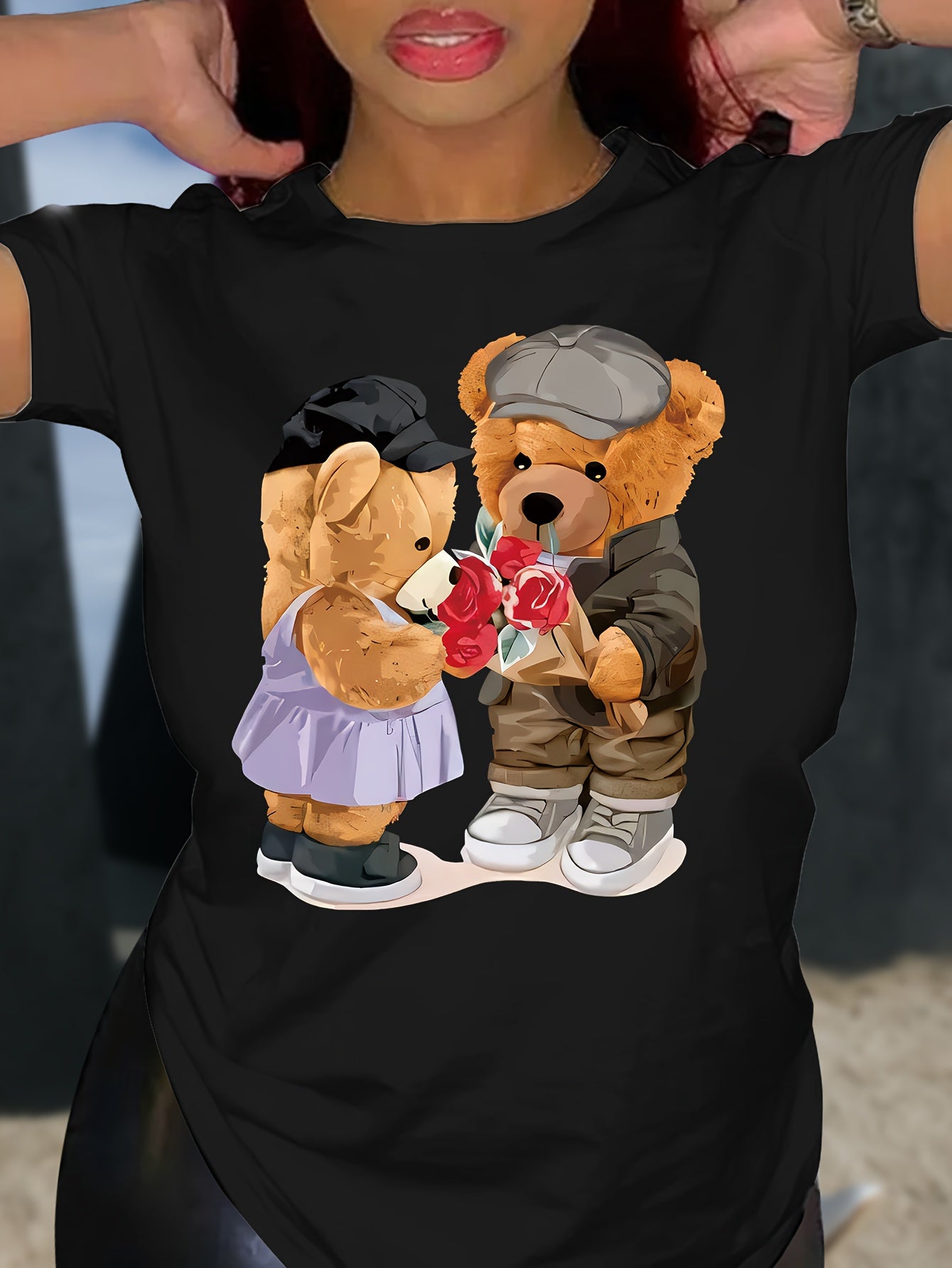 Cute Bear Print Crew Neck T-shirt, Short Sleeve Casual Top For Summer & Spring, Women's Clothing