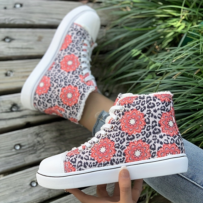 Women's High Top Canvas Sneakers, Floral & Leopard Print Lace Up Skate Shoes, Casual Flat Walking Shoes