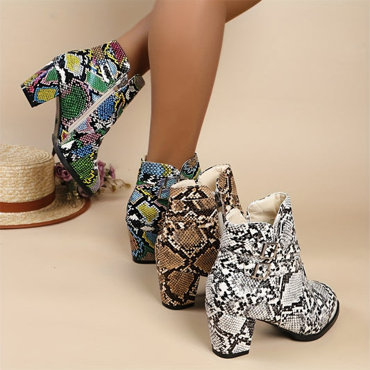 Women's Snakeskin Pattern Chunky Heel Boots, Fashion Side Zipper Short Boots, Comfortable Ankle Boots