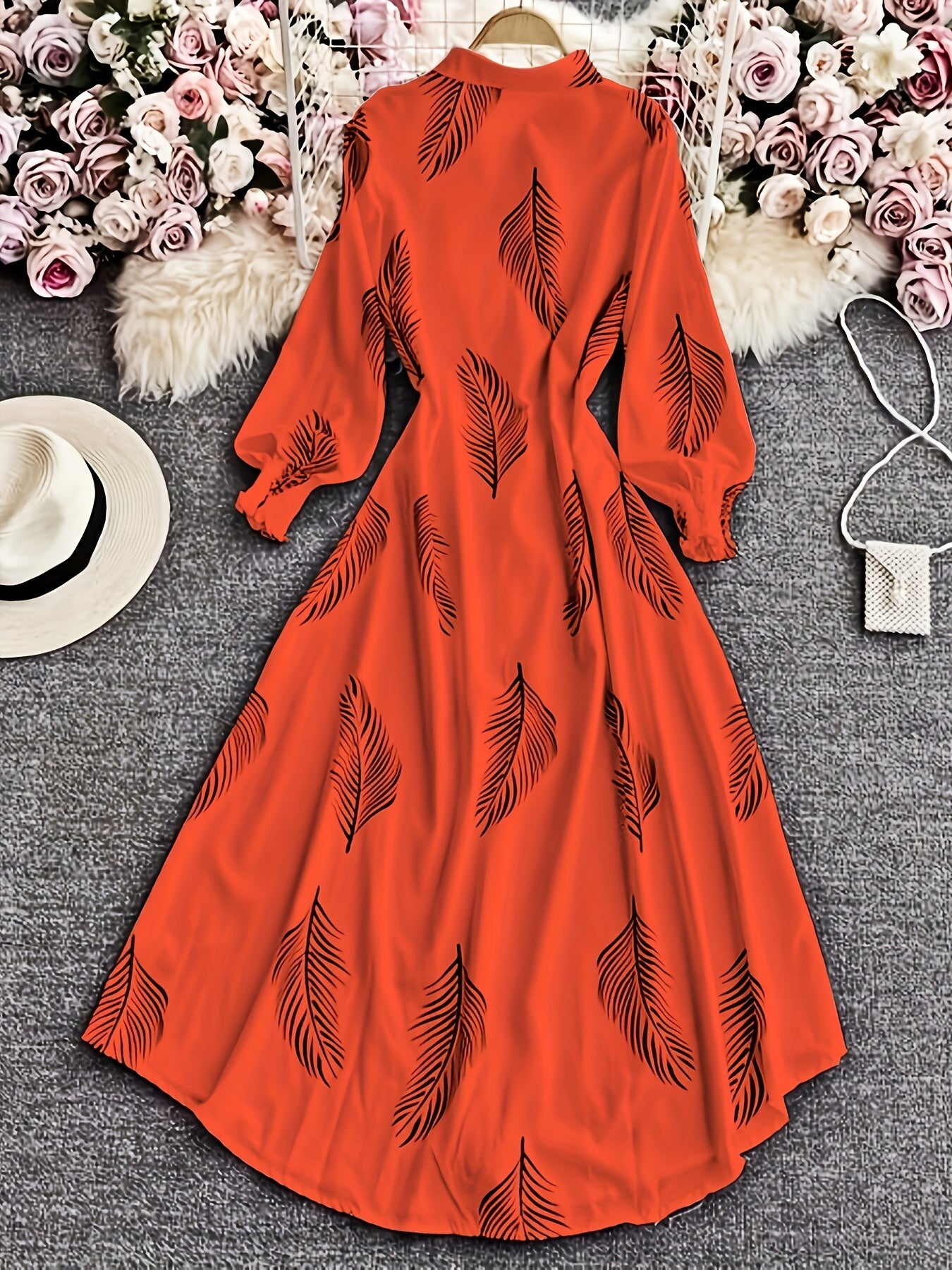 Feather Print Shirt Dress, Vacation Button Front Maxi Dress, Women's Clothing