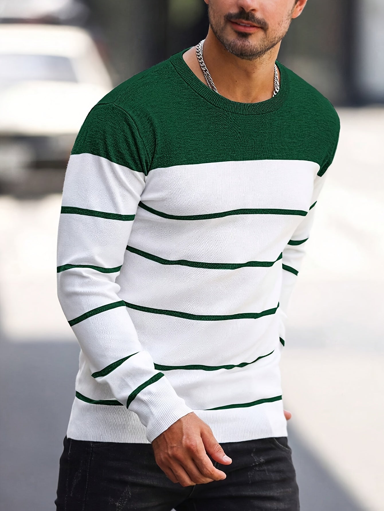 New 2024 Men's Small Striped Knit Sweater, Round Neck Pullover Men's Warm Top