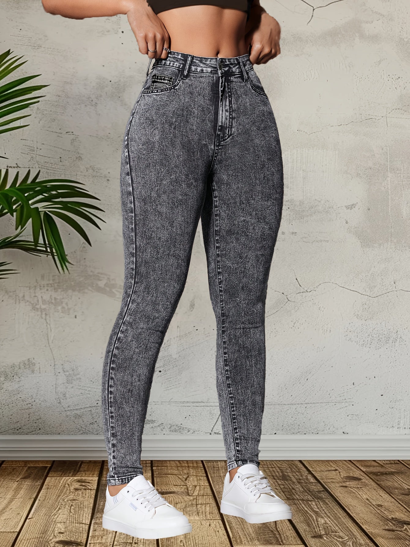 Skinny Fit Plain Washed Grey Casual Style Zipper Button Closure Denim Pants, Women's Denim Jeans & Clothing