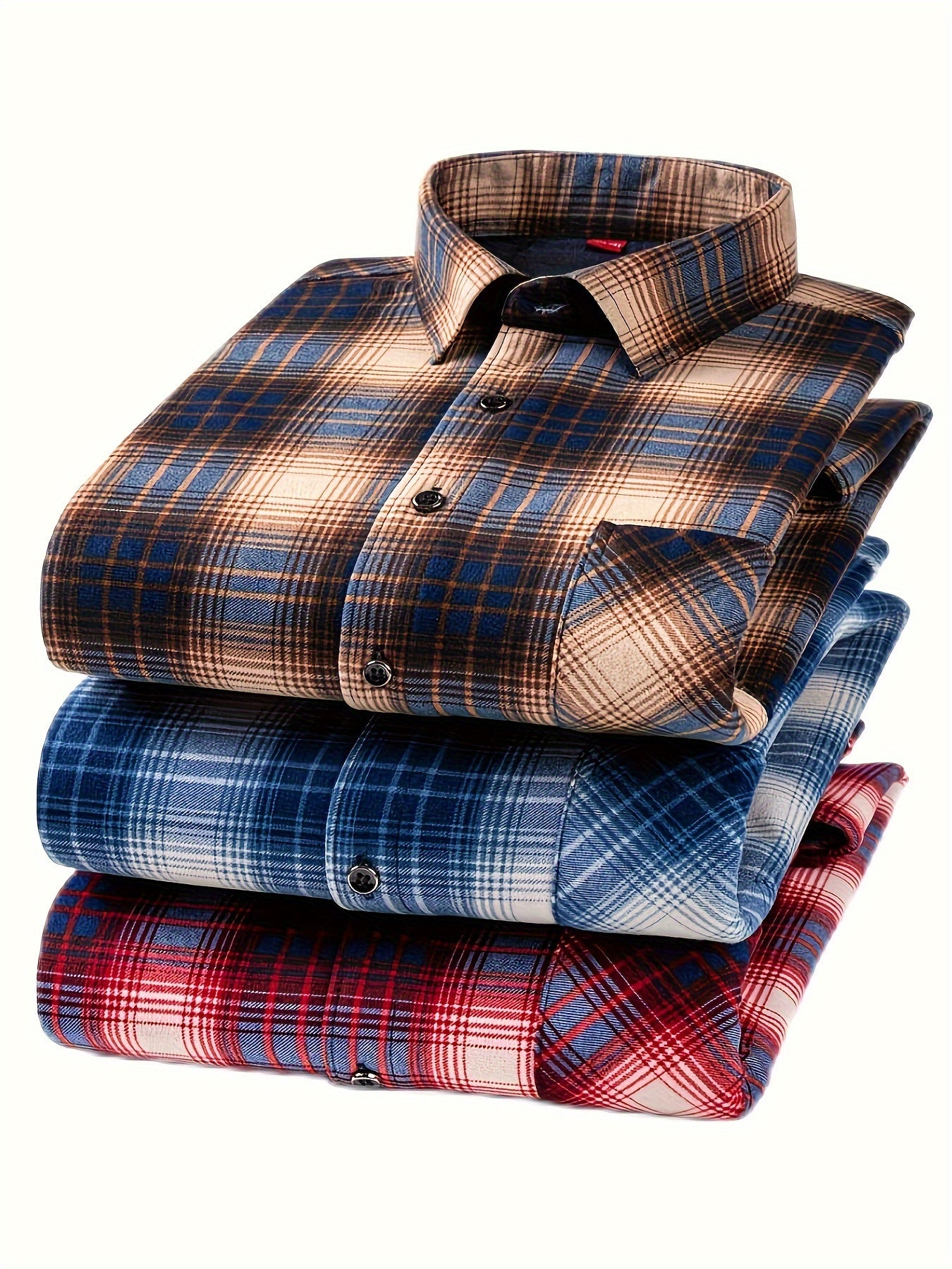 Men's Casual Plaid Long Sleeve Button-Down Shirt - Polyester Lapel Collar with Lining, Slight Stretch, Skinny Fit Woven Fabric for Fall/Winter, Single Breasted, Weekend Casual Style