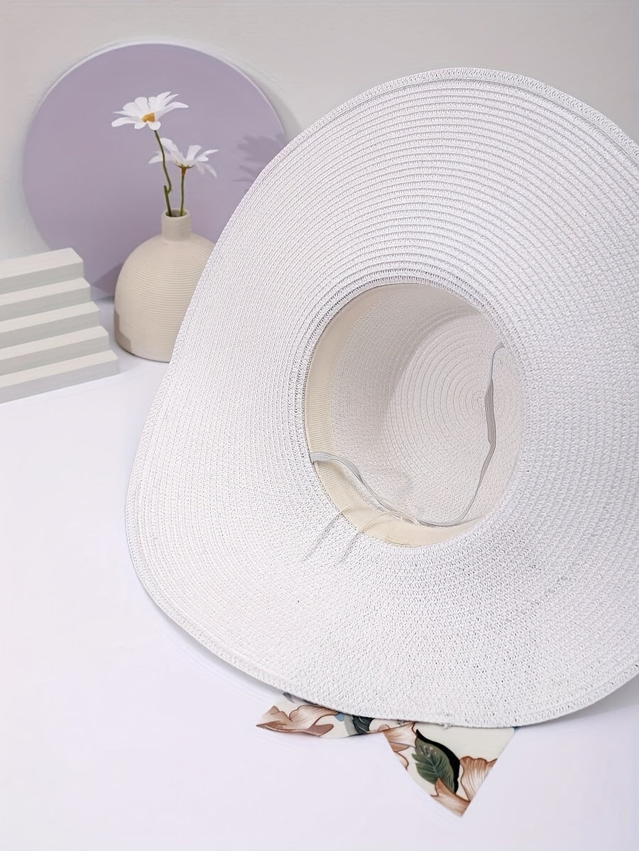 Chic Oversized Brim Sun Hat For Women - White With Pearl & Tropical Print Bow, Perfect For Beach Vacations & Summer Travel