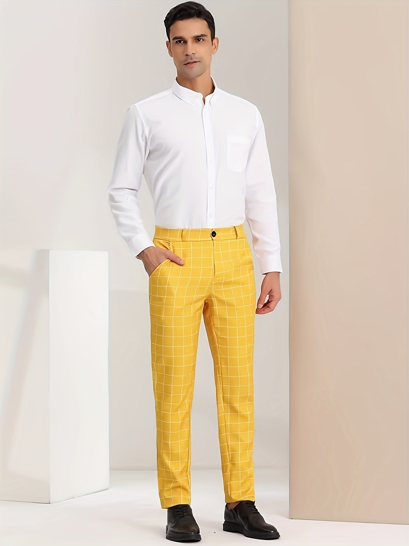 Palid Pattern Design Dress Pants, Men's Casual Slightly Stretch Dress Pants For All Seasons