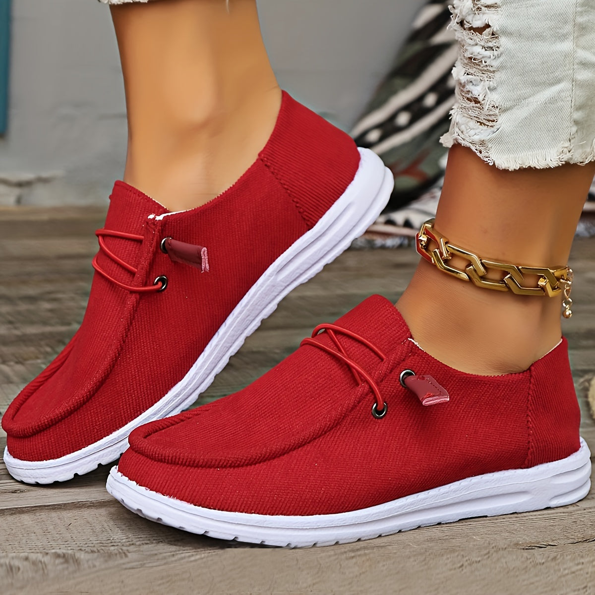 Women's Casual Slip-On Sneakers, Round Toe Lace-up Flats, Breathable Canvas Shoes With Rubber Sole, Lightweight Comfort Walking Shoes, Large Size - Red