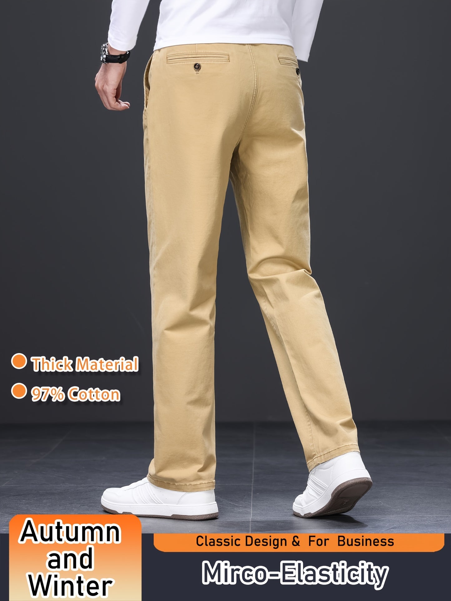 Men's Business Casual Trousers, Thickened Autumn/Winter Warm Straight-Leg Pants, Cotton Blend, Light Business Style, Stretch Fabric, Solid Color, Regular Fit, Mid-Waist, Regular Length, Woven Fabric