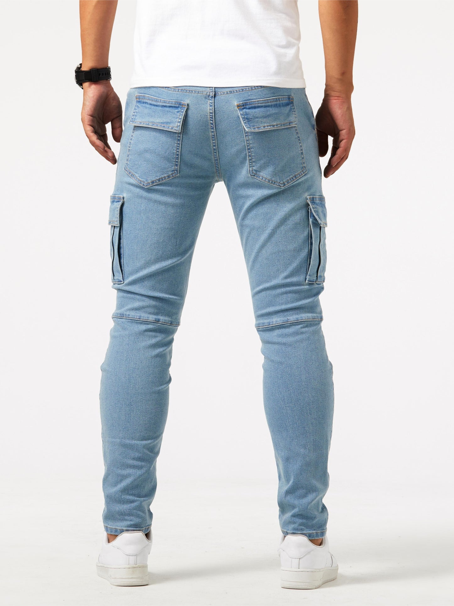 Slim Fit Multi Pocket Jeans, Men's Casual Street Style Medium Stretch Denim Cargo Pants