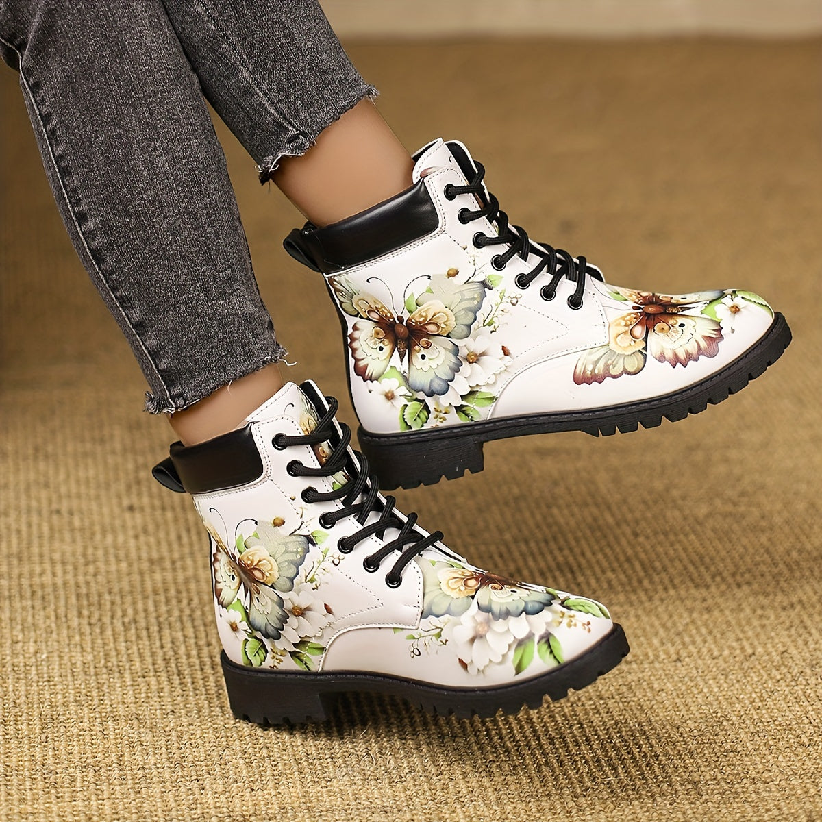 Women's Trendy Butterfly Printed Boots, Fashion Lace Up Short Boots, Women's Comfortable Boots