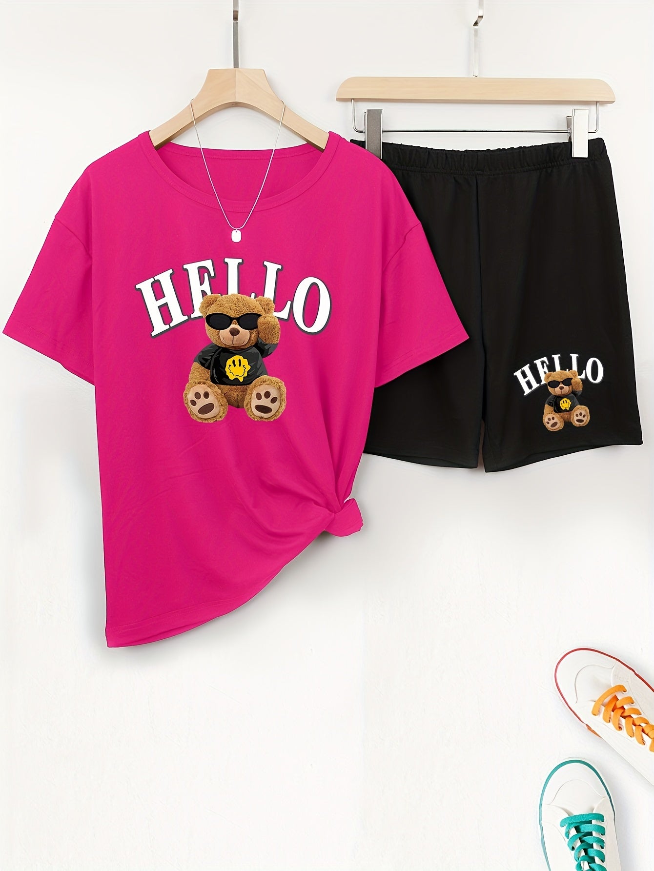 Hello Bear Print Casual Shorts Set, Crew Neck Short Sleeve Top & Elastic Waist Shorts Outfits For Spring & Summer, Women's Clothing