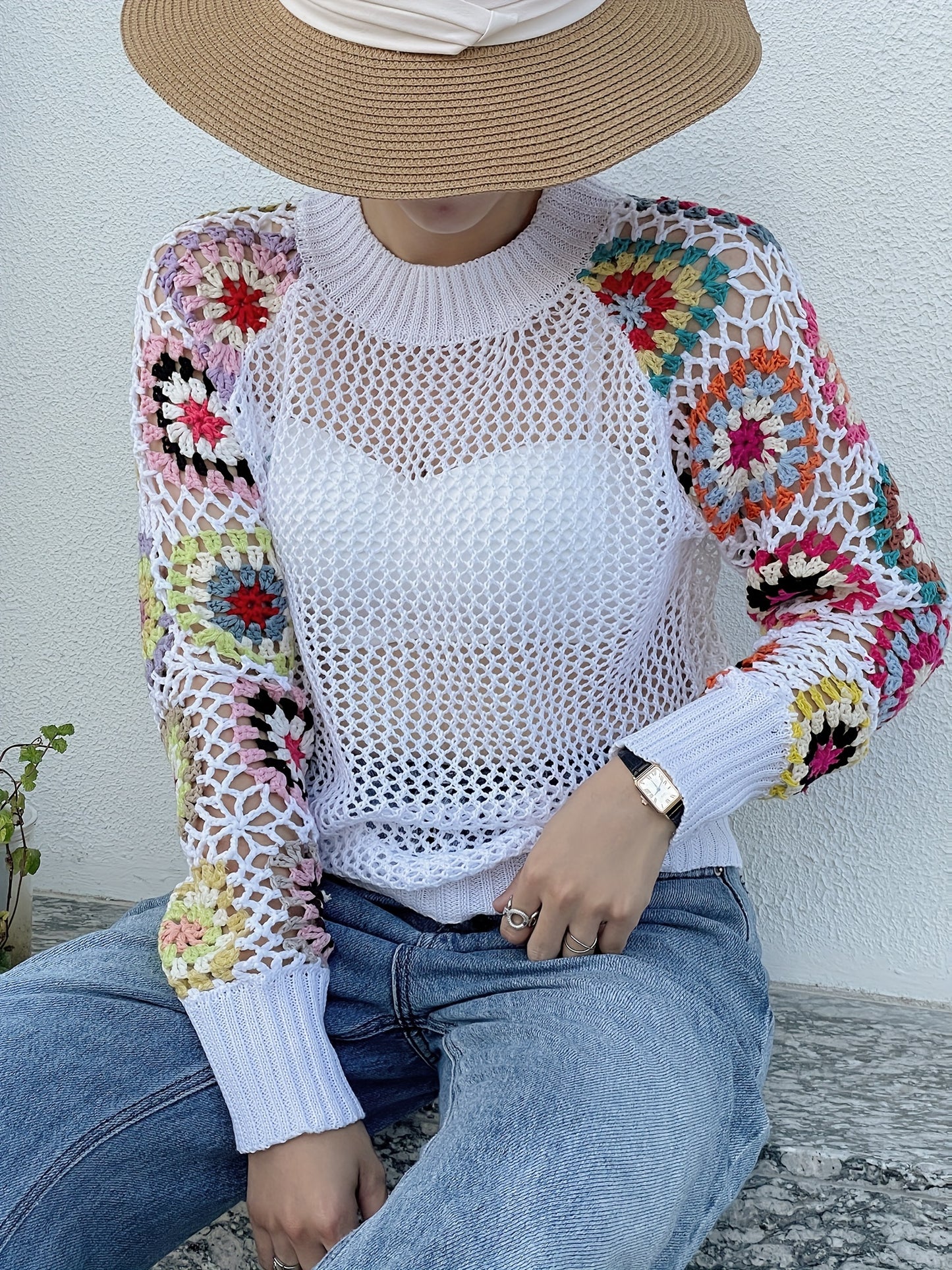 Floral Pattern Crew Neck Sweater, Vacation Style Eyelet Long Sleeve Sweater For Spring ＆ Fall, Women's Clothing