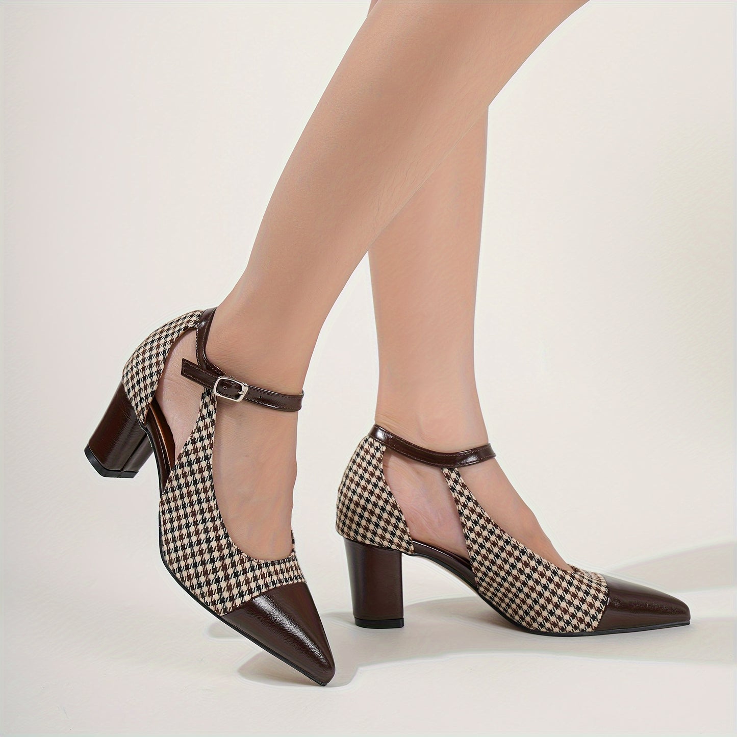 Women's Houndstooth Pattern Shoes, Ankle Buckle Strap Chunky Heel Soft Sole Shoes, Elegant Point Toe Dress Shoes