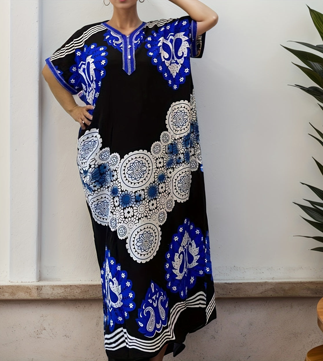 Ramadan Plus Size Floral Kaftan Dress - V-Neck, Short Sleeve Maxi Robe for Women, Breathable Rayon Blend, Machine Washable