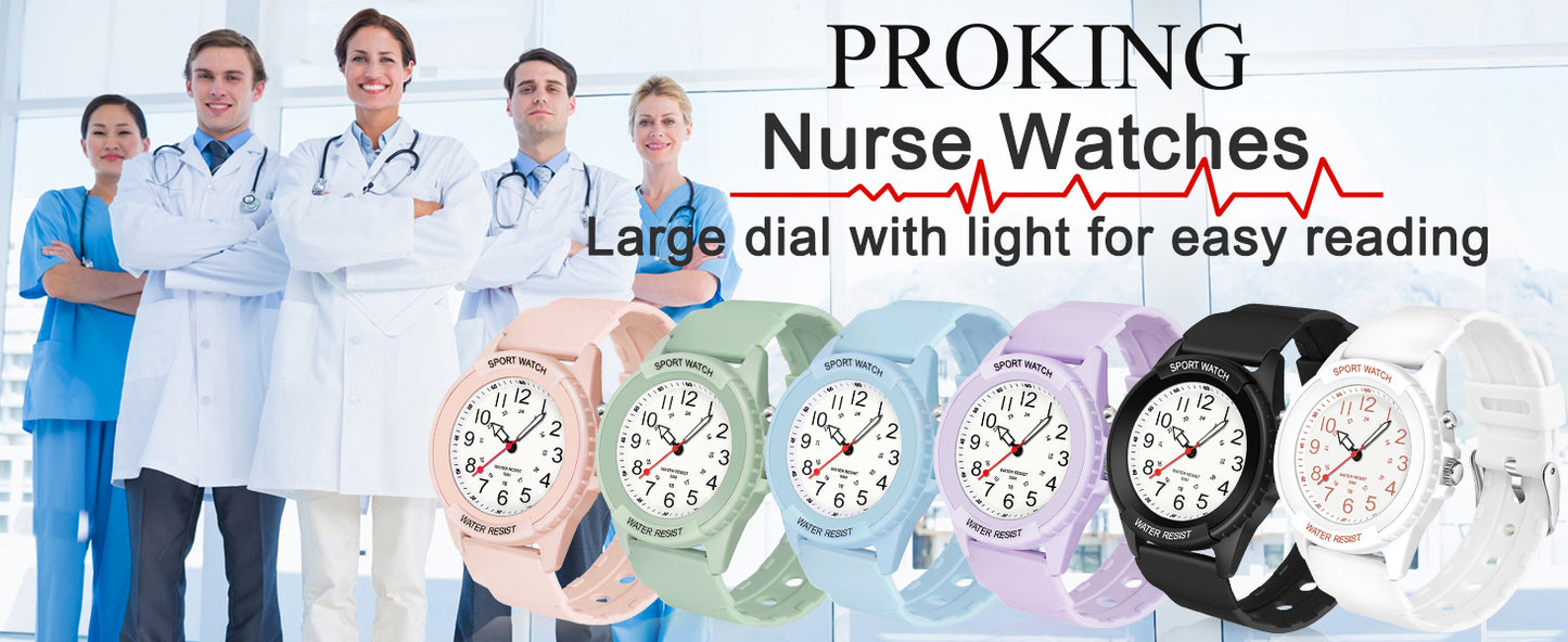 Waterproof Nurse Watch for Medical Professionals Women Men 24 Hour with Second Hand Night Light Military Time Easy to Read Dial Soft and Breathable Silicone Band