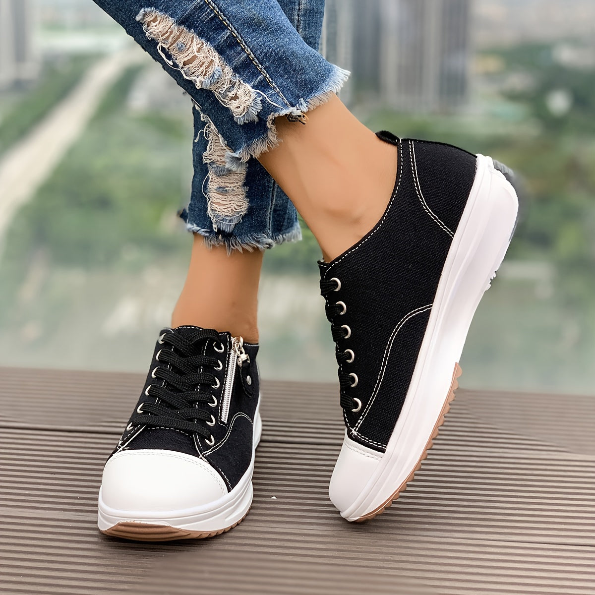 Women's Canvas Sneakers, Side Zipper Design Lace Up Low Top Sports Shoes, Casual Wedge Walking Shoes