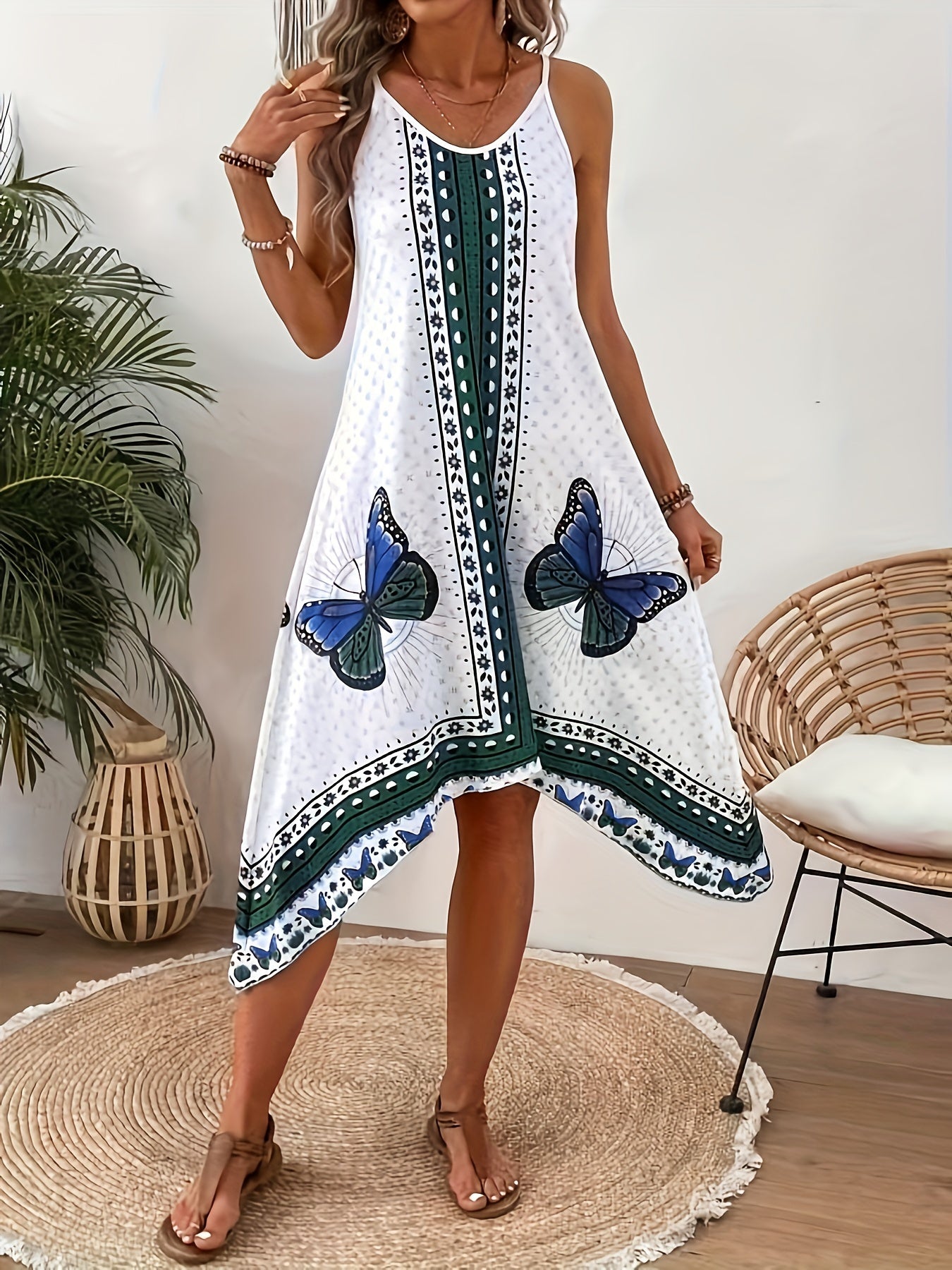 Butterfly Print Colorblock Asymmetrical Hem Dress, Vacation Sleeveless Cami Dress For Spring & Summer, Women's Clothing