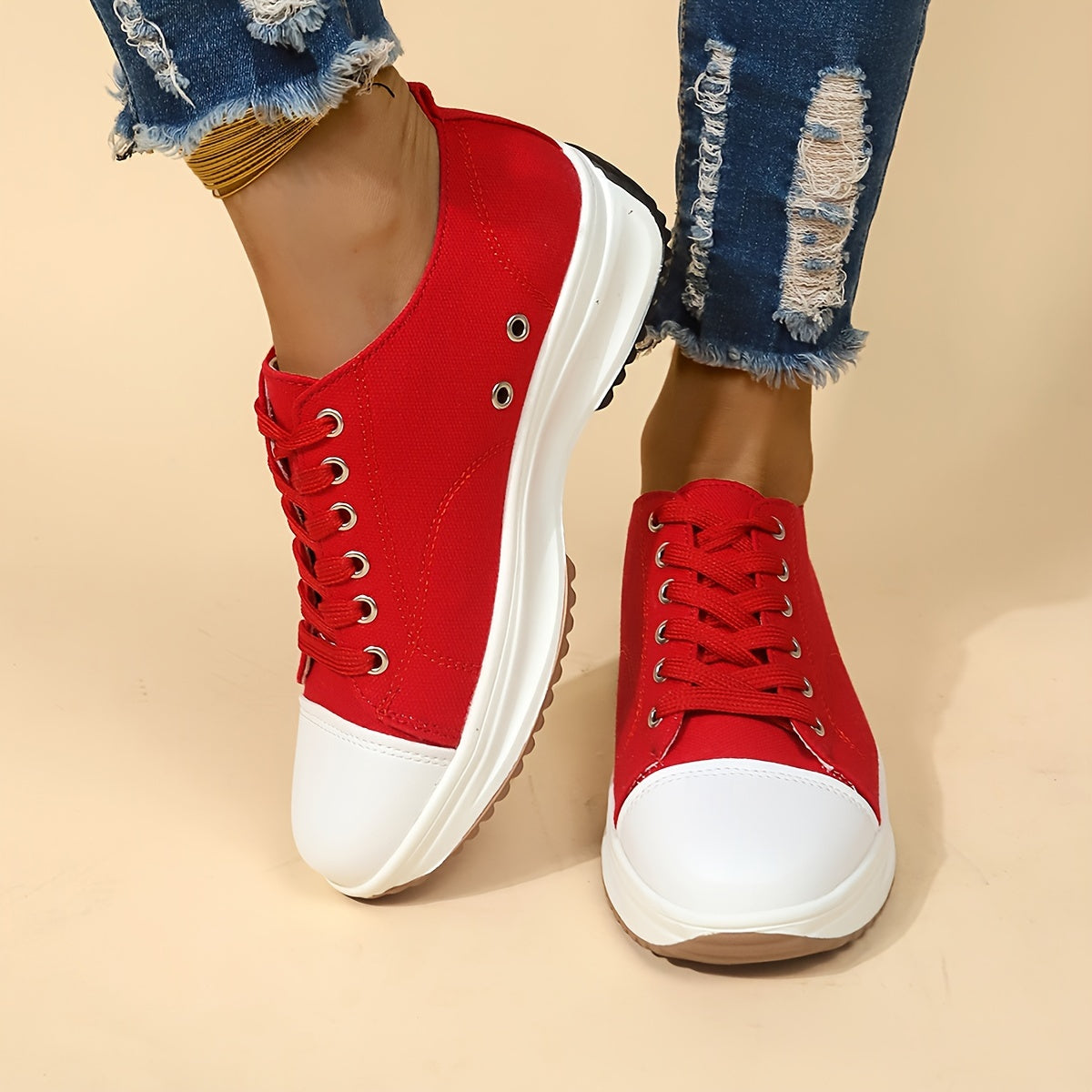 Women's Solid Color Casual Sneakers, Lace Up Platform Soft Sole Walking Shoes, Low-top Comfort Casual Wear