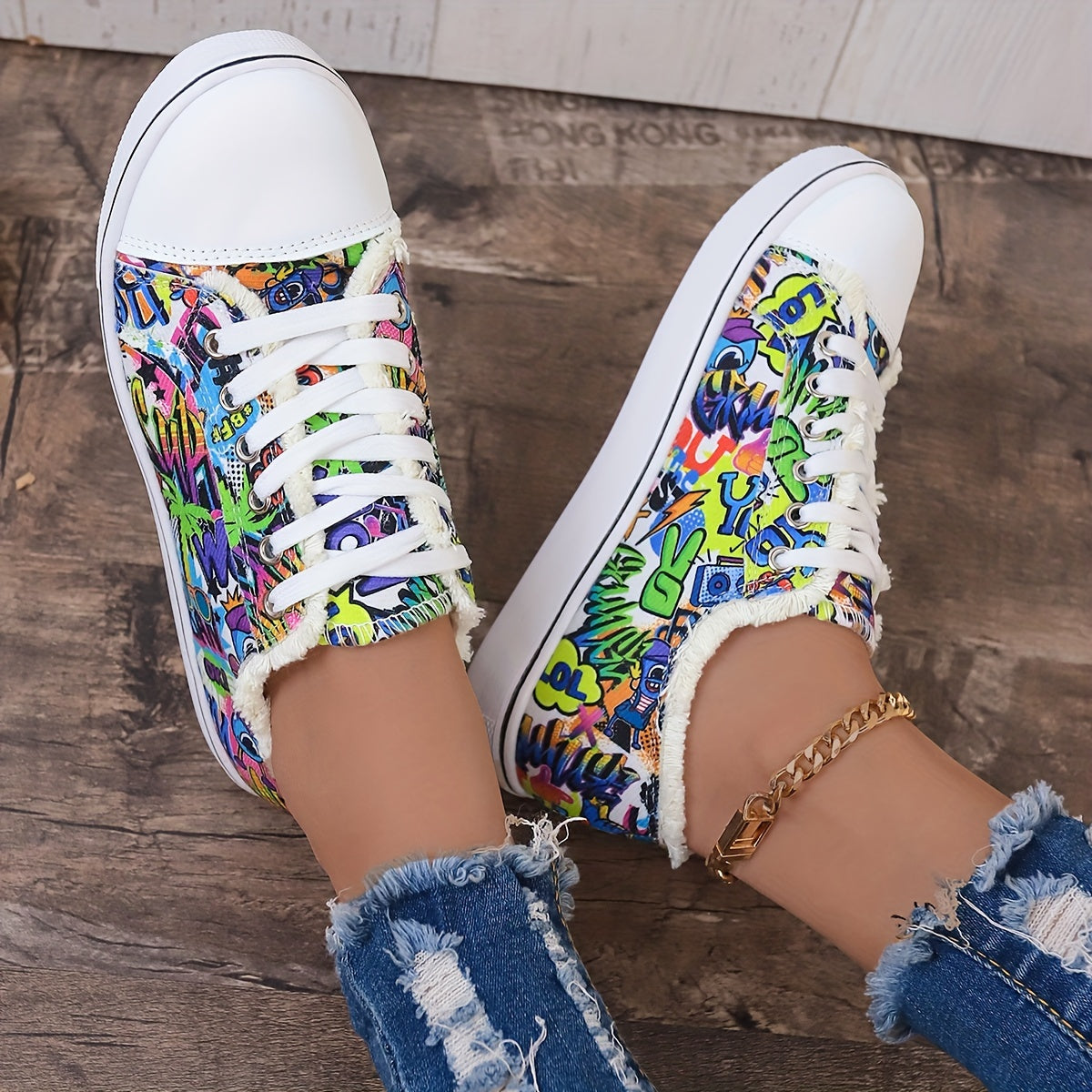 Women's Graffiti Printed Canvas Sneakers, Trendy Low Top Lace Up Flat Shoes, Casual Walking Shoes