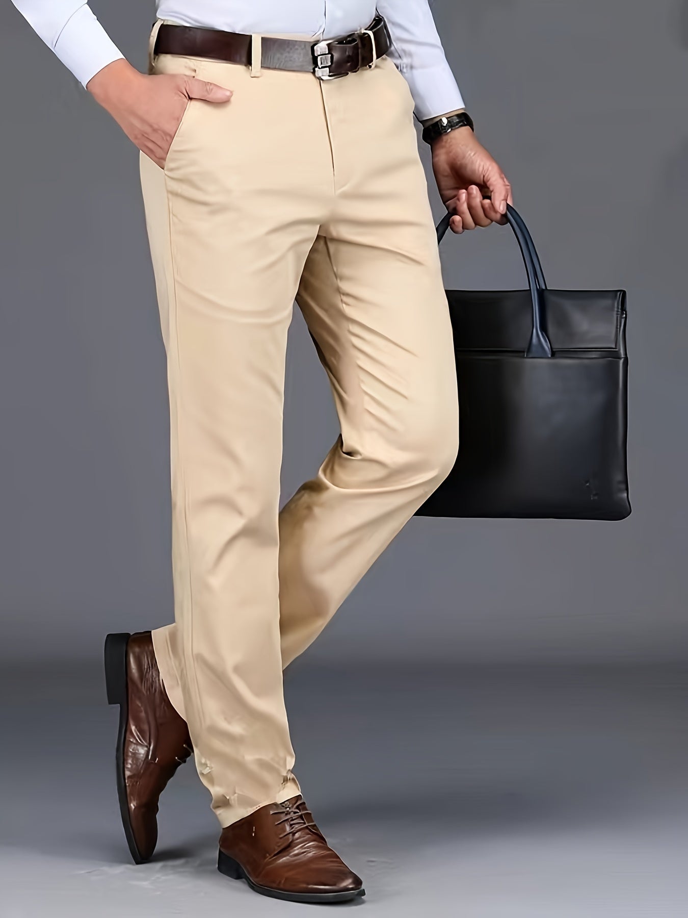 Men's Solid Color Slightly Stretch Formal Dress Pants For Business Office Occasions, All Seasons