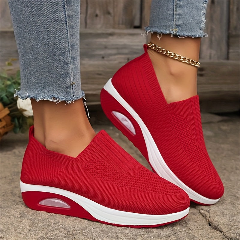 Women's Solid Color Knitted Sneakers, Platform Slip On Soft Sole Walking Shoes, Breathable Low-top Wedge Shoes fall