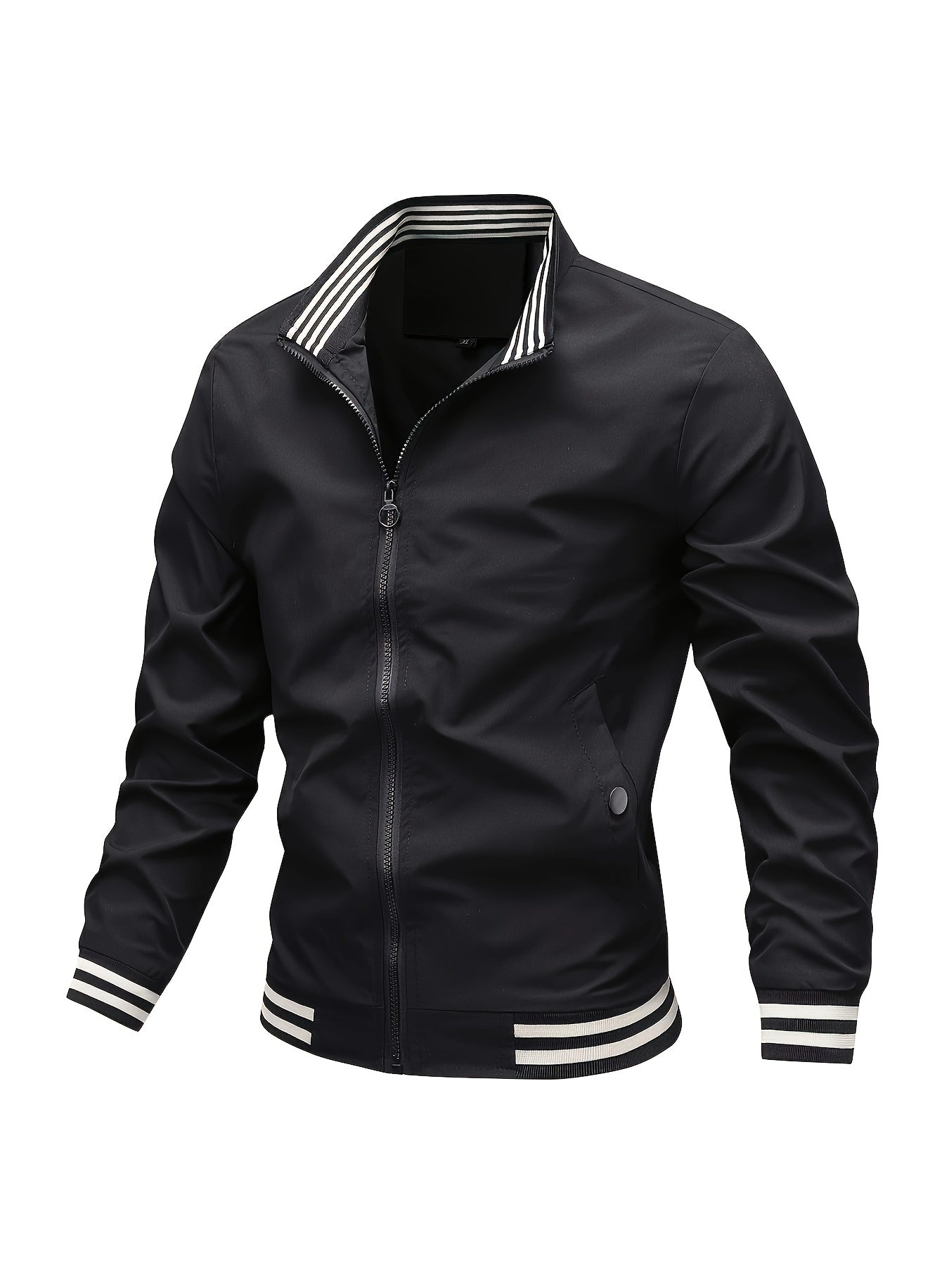 Men's Stripe Pattern Long Sleeve Zipper With Stand Collar And Pockets, Trendy And Casual Lightweight Jacket For Spring And Autumn Outdoors Activities