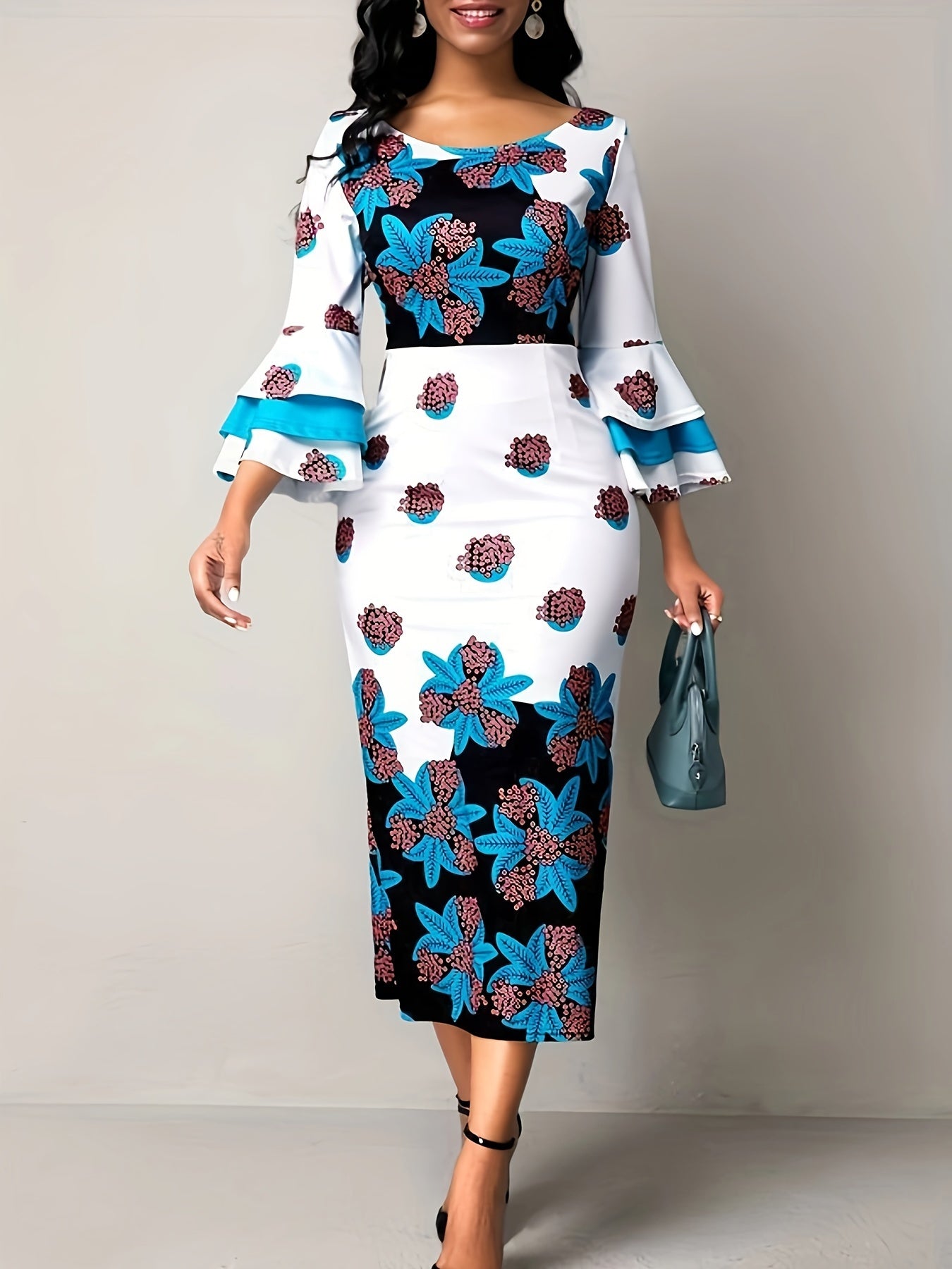 Floral Print Crew Neck Dress, Elegant Layered Sleeve Sheath Dress For Spring & Fal, Women's Clothing