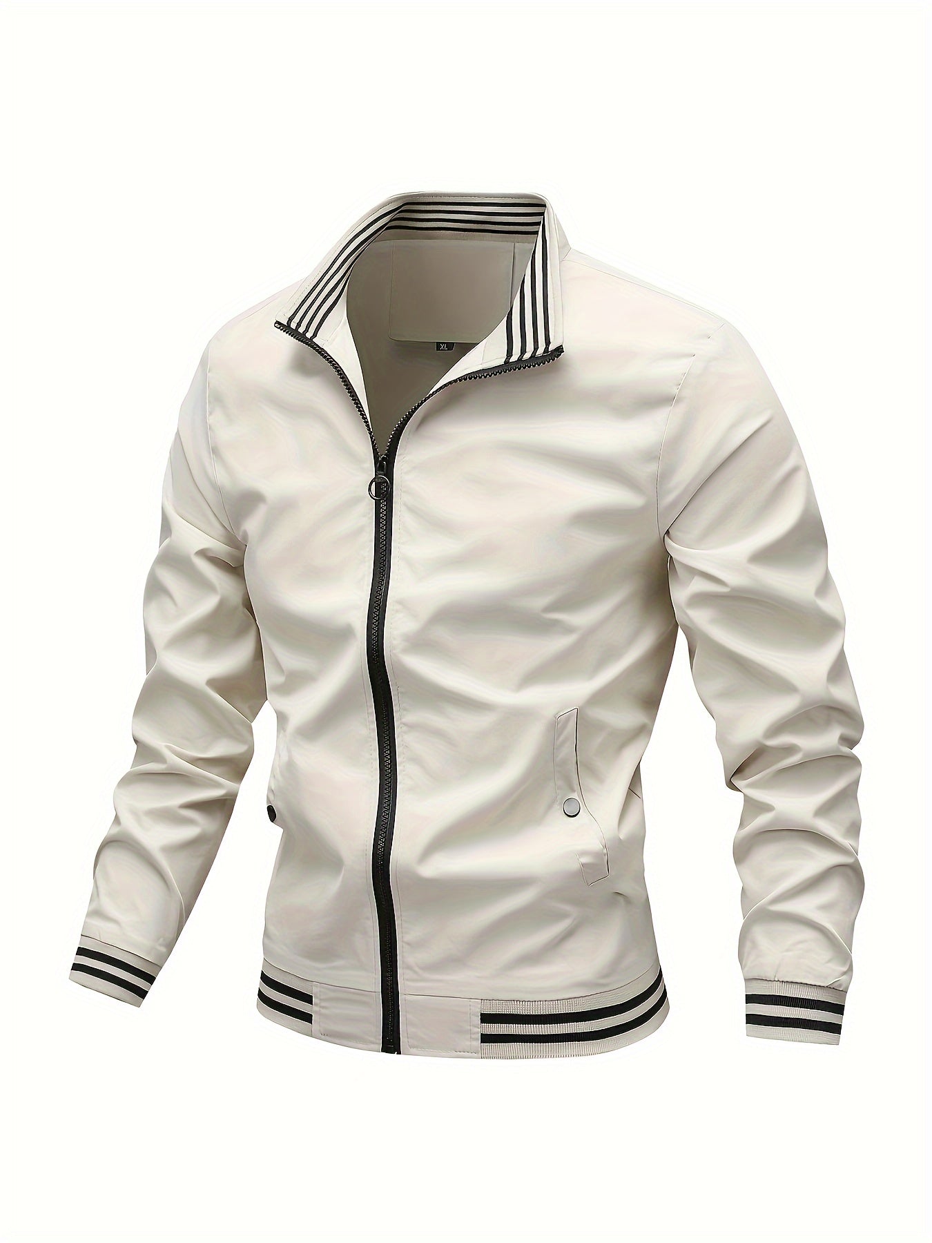 Men's Stripe Pattern Long Sleeve Zipper With Stand Collar And Pockets, Trendy And Casual Lightweight Jacket For Spring And Autumn Outdoors Activities