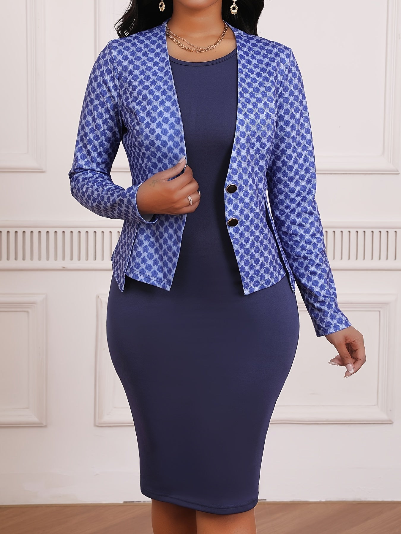 Elegant Polyester Spandex Knit Two-Piece Dress Suit for Women, Crew Neck Long Sleeve Blazer with Button Detail and All-Over Print, Regular Fit Pencil Skirt Set, Medium Stretch Fabric - WJ212