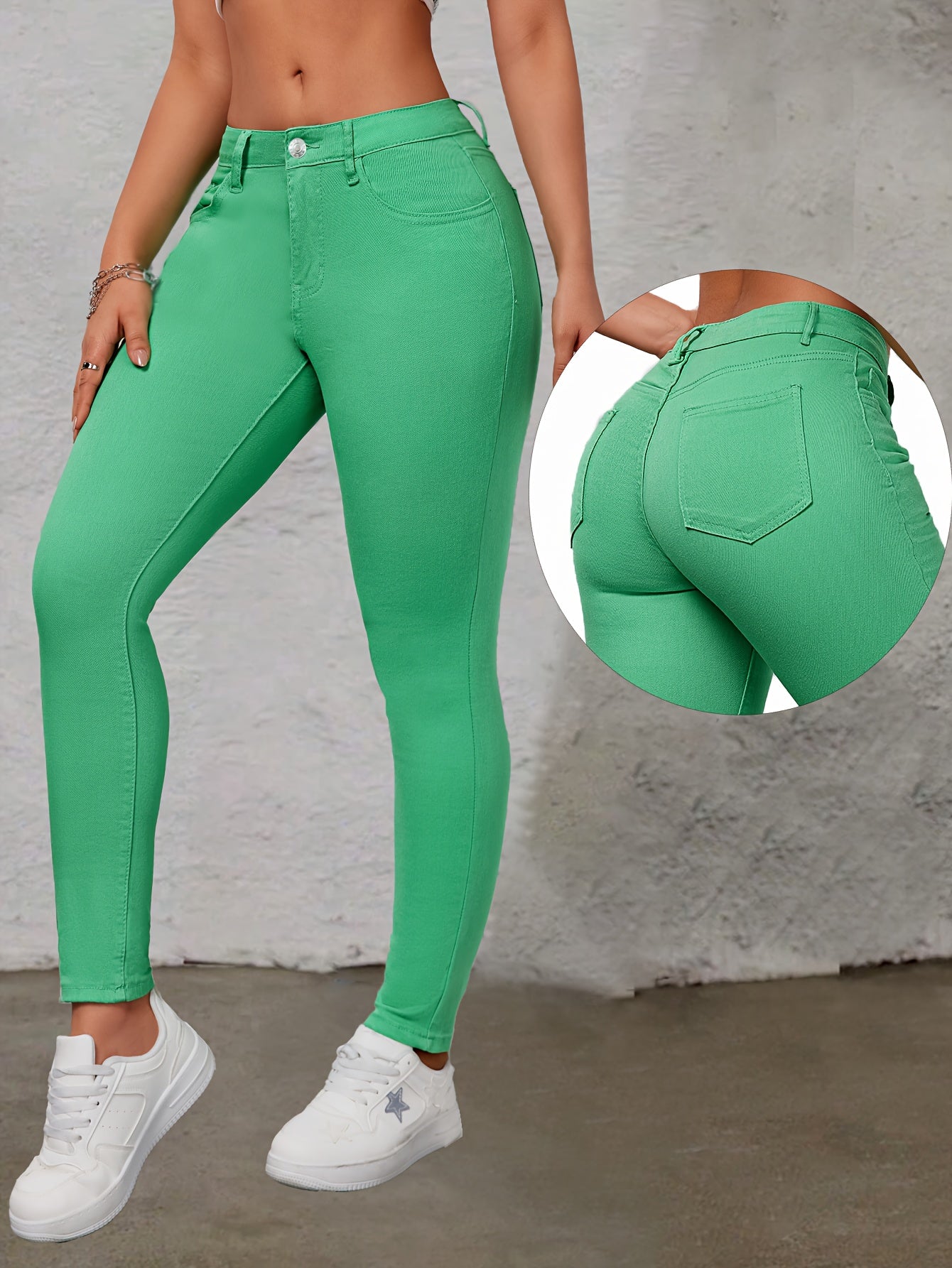 Plain Green Skinny Fit Stretchy Chic Style Zipper Button Closure Denim Pants, Women's Denim Jeans & Clothing