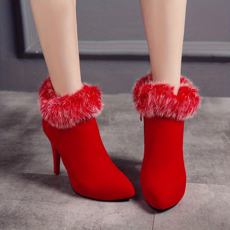 Women's Fluffy Stiletto Ankle Boots, Sexy Plush Lined Thermal Thin High Heels, Christmas Style Side Zipper Short Boots