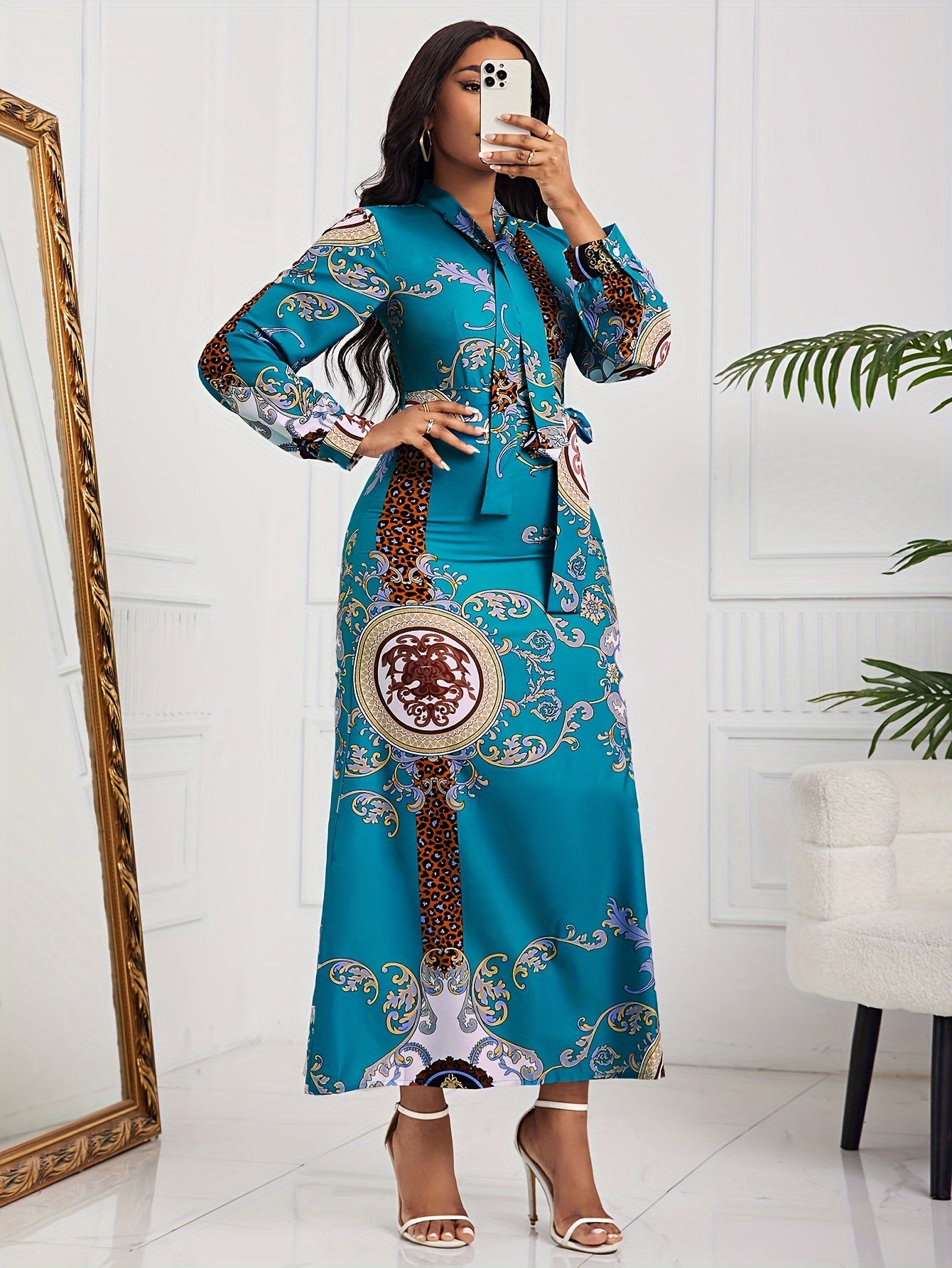 Tribal Print Tie Neck Dress, Elegant Long Sleeve Maxi Dress For Spring & Fall, Women's Clothing