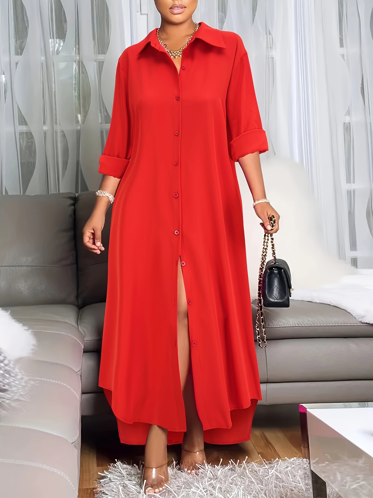 Button Front Shirt Dress, Casual Long Sleeve Dress For Spring & Fall, Women's Clothing