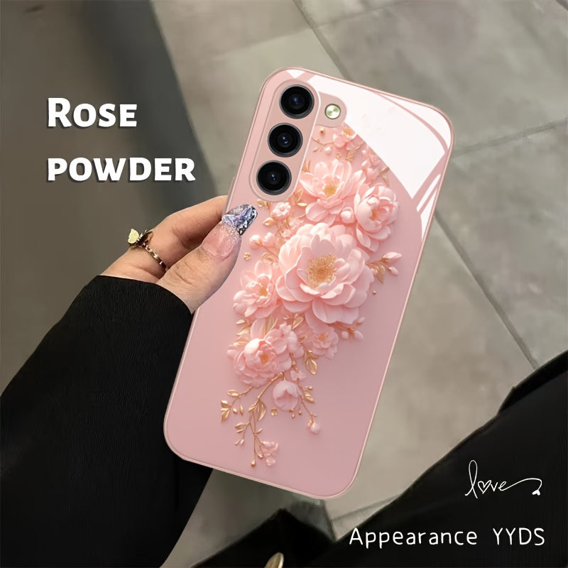 Pink Flower Glass Phone Case For SamSung For Galaxy Series - Compatible with s24/s24 plus/s24 ultra, s23/s23 plus/s23 ultra, s22/s22 plus/s22 ultra, s21/s21 plus/s21 ultra/s21 fe, s20/s20 plus/s20 ultra, A 03/a 04/a 13/a 14/a