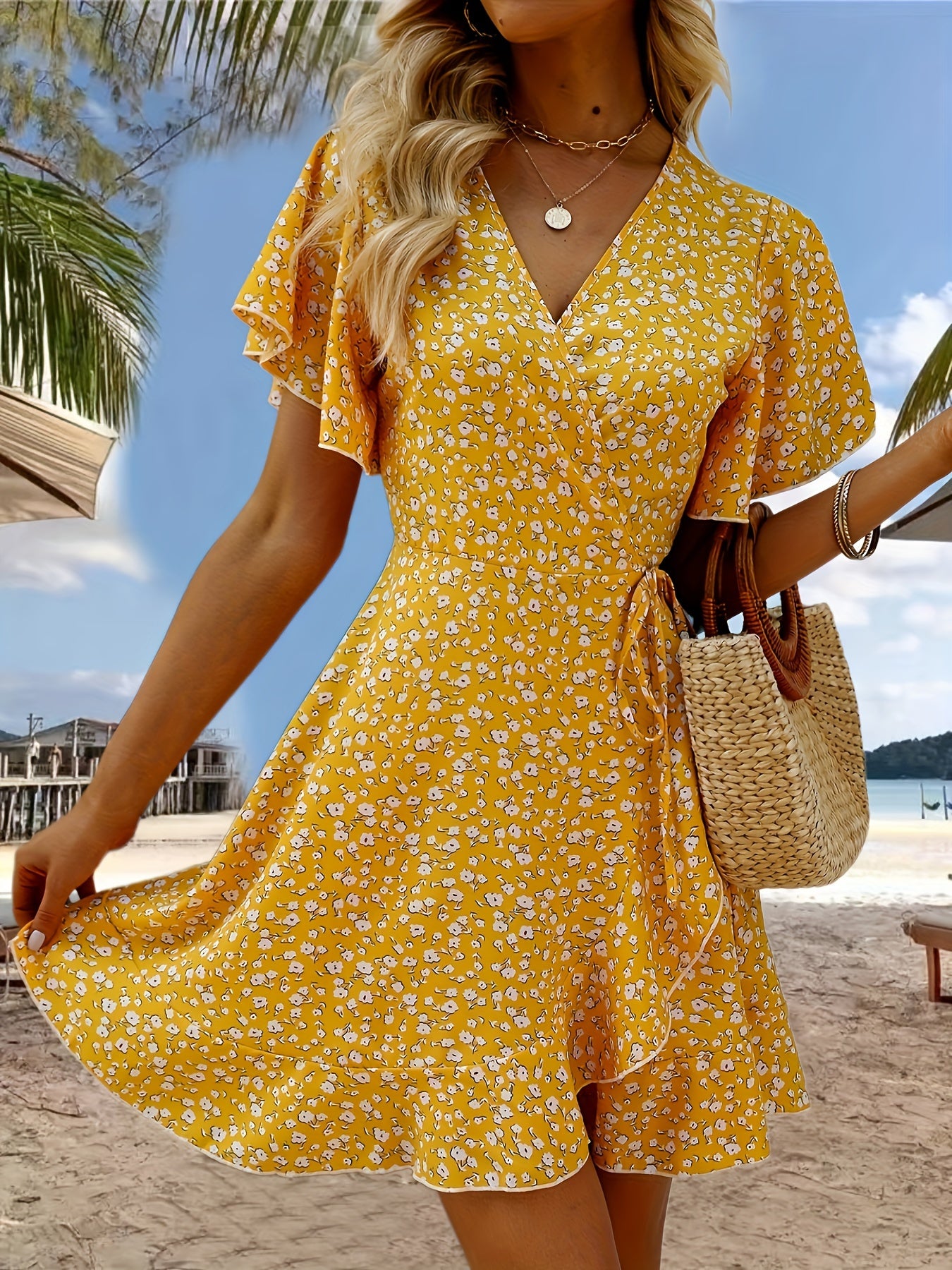 Floral Print V-neck Dress, Elegant Short Sleeve Cinched Waist Ruffle Hem Dress For Spring & Summer, Women's Clothing