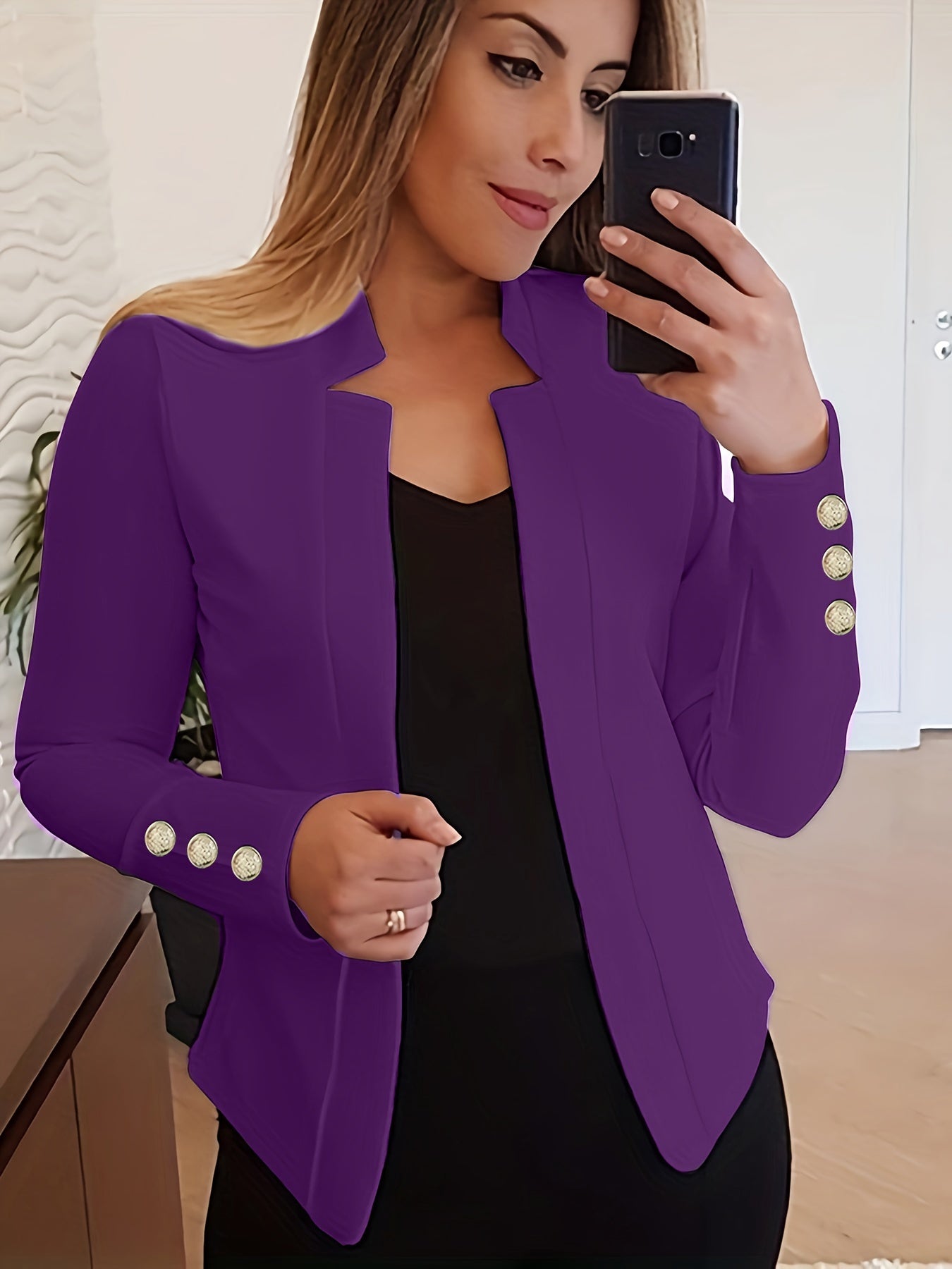 Long Sleeve Solid Color Casual Blazer - Button Front, Micro Elasticity, Polyester Fabric, Loose Fit, Regular Length - Perfect for Office & Work, Womens Clothing