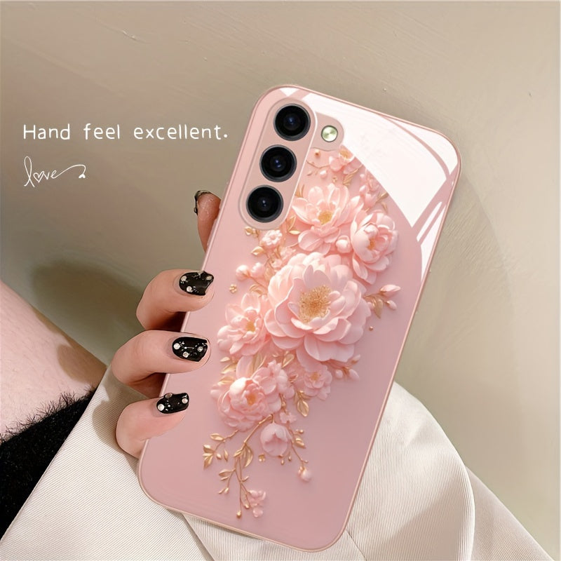 Pink Flower Glass Phone Case For SamSung For Galaxy Series - Compatible with s24/s24 plus/s24 ultra, s23/s23 plus/s23 ultra, s22/s22 plus/s22 ultra, s21/s21 plus/s21 ultra/s21 fe, s20/s20 plus/s20 ultra, A 03/a 04/a 13/a 14/a