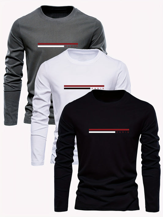 3pcs Men's 100% Cotton Long Sleeve T-Shirts - Breathable & Comfortable, Crew Neck with Stylish Print Design for Spring/Fall