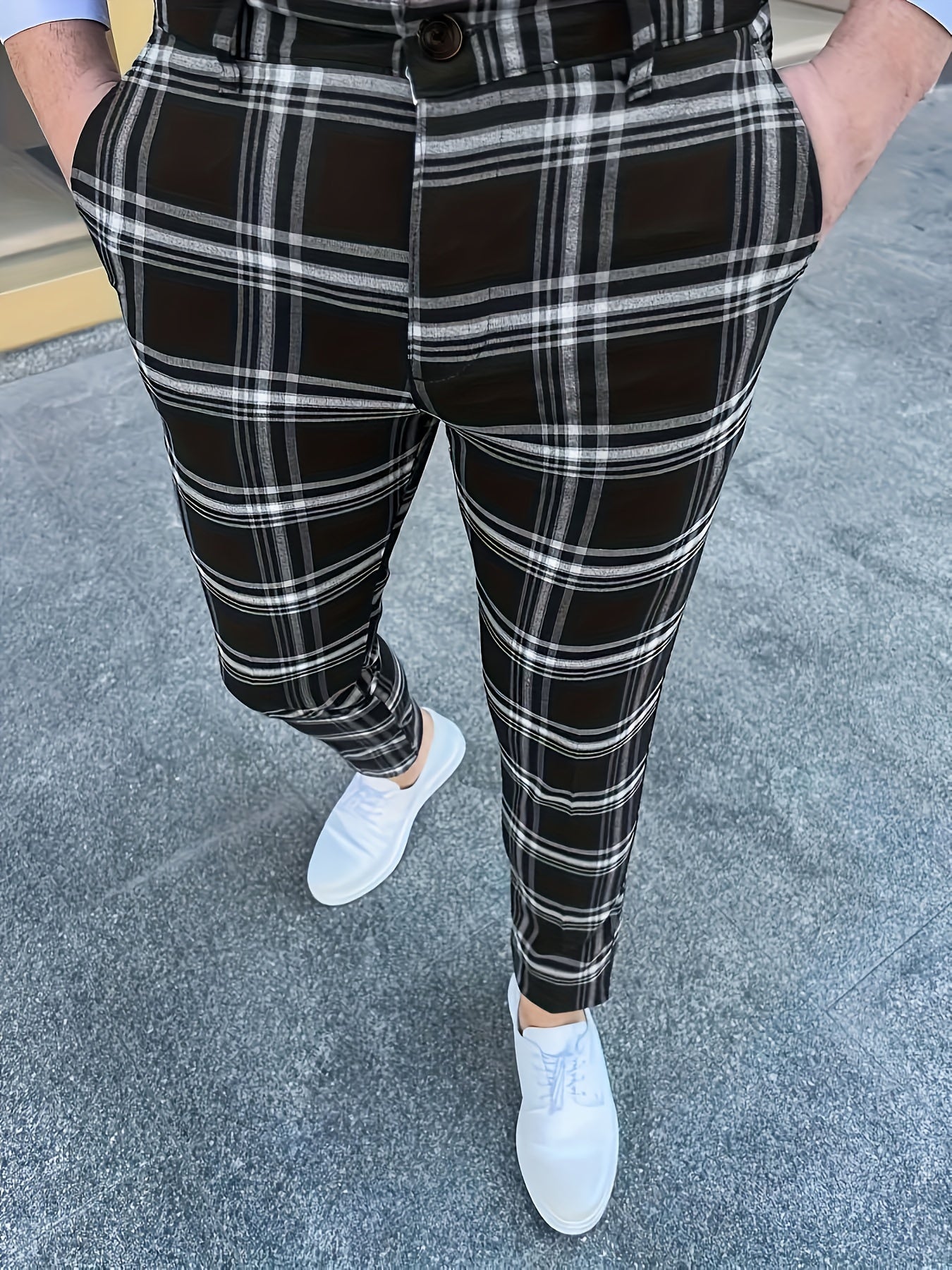 Men's Classic Fashion Plaid Slim Fit Trousers, Geometric Pattern, Regular Length, Stretch Polyester, Casual Style, with Pockets, Straight Leg, Slim Fit, for Business, Formal Parties, and Daily Wear