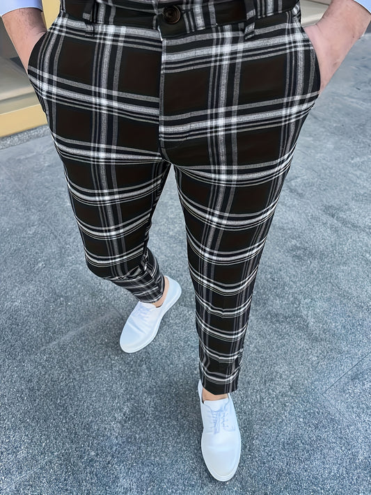 Men's Classic Fashion Plaid Slim Fit Trousers, Geometric Pattern, Regular Length, Stretch Polyester, Casual Style, with Pockets, Straight Leg, Slim Fit, for Business, Formal Parties, and Daily Wear