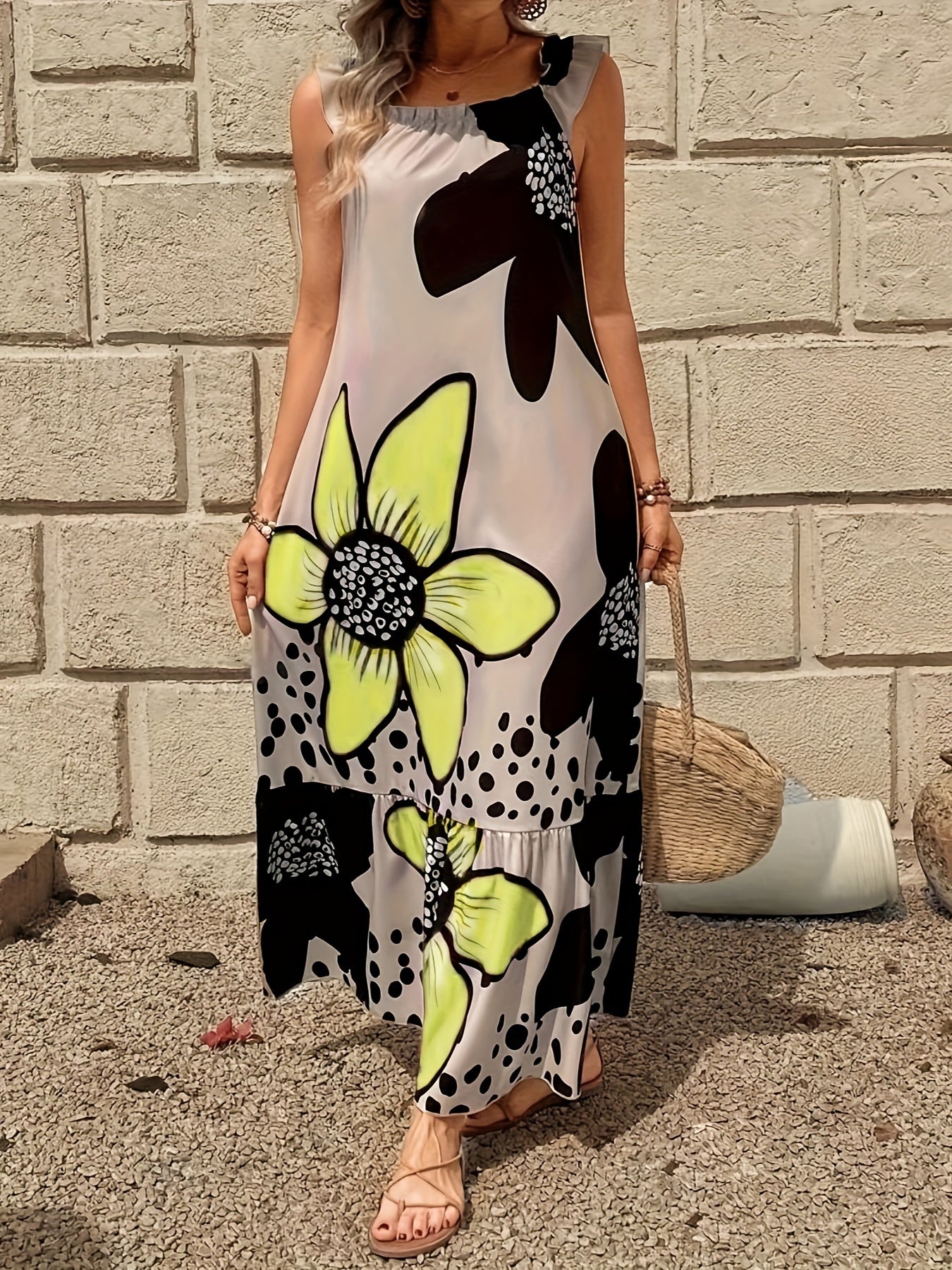 Floral Print Square Neck Dress, Elegant Sleeveless Maxi Dress For Spring & Summer, Women's Clothing