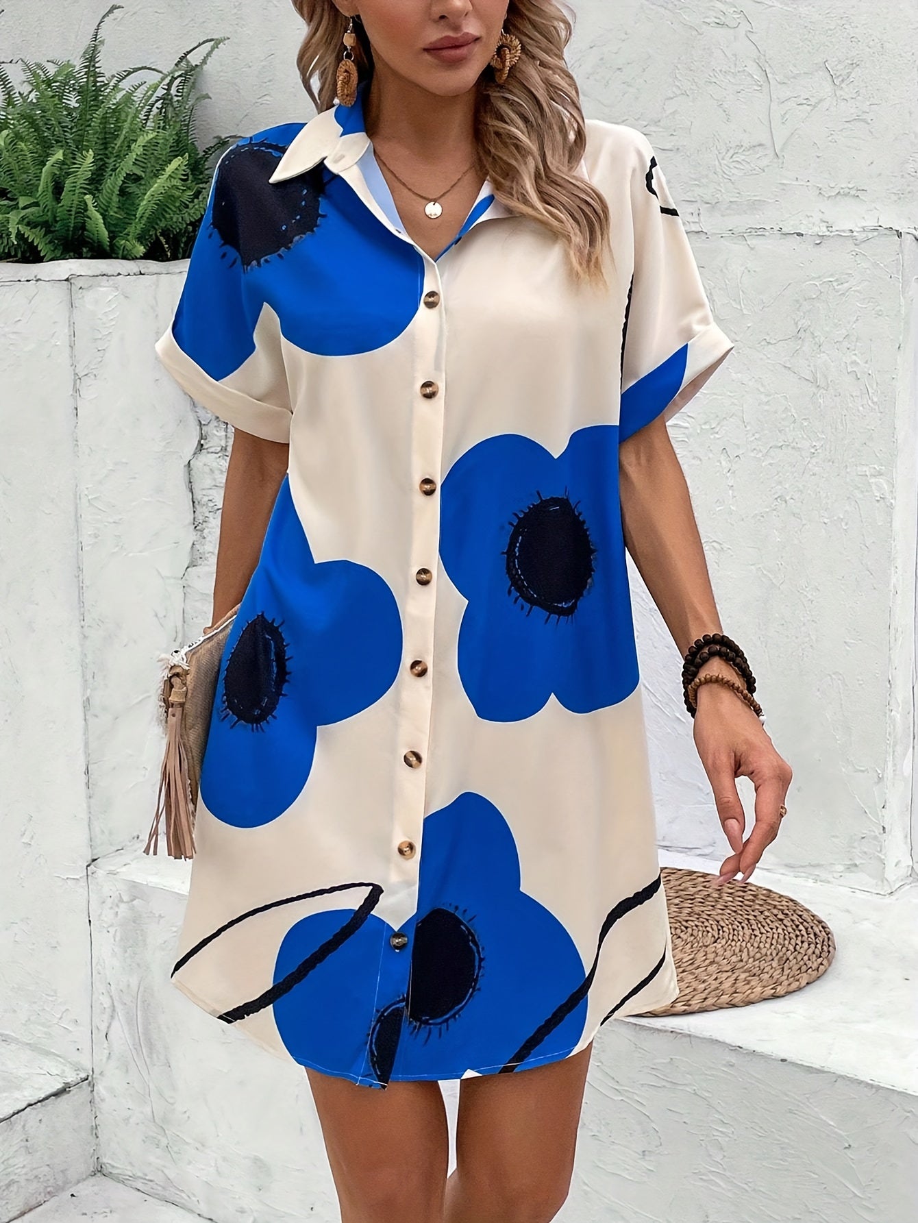 Floral Print Button Front Shirt Ress, Elegant Short Sleeve Loose Fit Dress For Spring & Summer, Women's Clothing