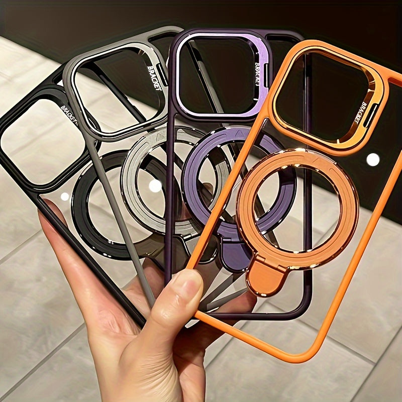 Metal Lens Dual Stand Transparent Magnetic Mobile Phone Case For iPhone 16 15 14 13 12 11 Pro Max Plus With Lens Protection Film