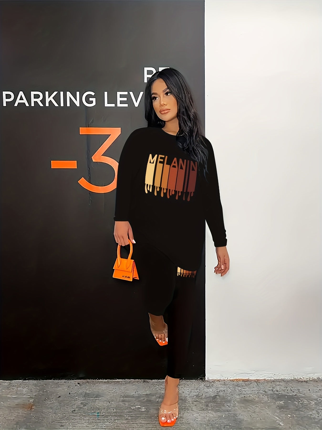 Melanin Letter Print Two-piece Set, Crew Neck Long Sleeve Tops & Long Length Pants Outfits, Women's Clothing