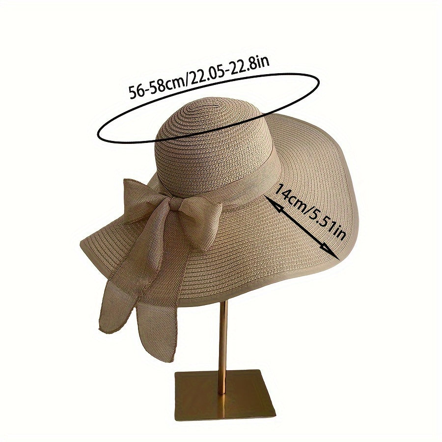 Women's Extra Large Brim Straw Sun Hat, Summer UV Protection Wide Brim Hat with Bowknot, Beach Sunshade Floppy Hat, Elegant Vacation Travel Sun Cap