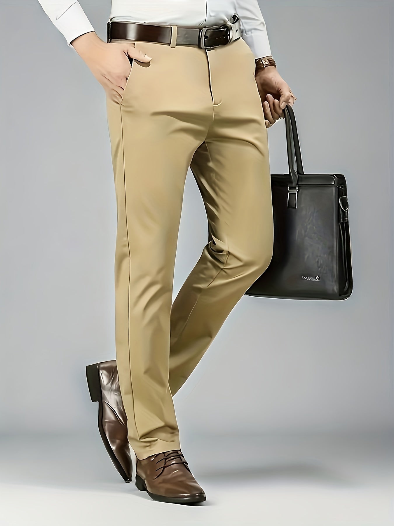 Solid Dress Pants For Men, Lightweight And Comfy Regular Fit And Cuffed Pants For All Seasons Business And Casual Wear