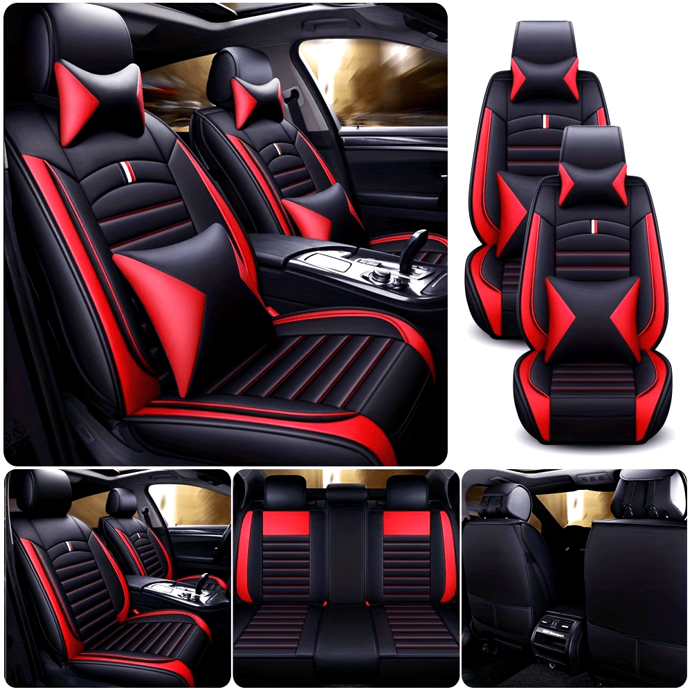 Luxury PU Leather Universal 5 Seats Car Seat Cover Full Set Cushion Protector With 4PC Pillows