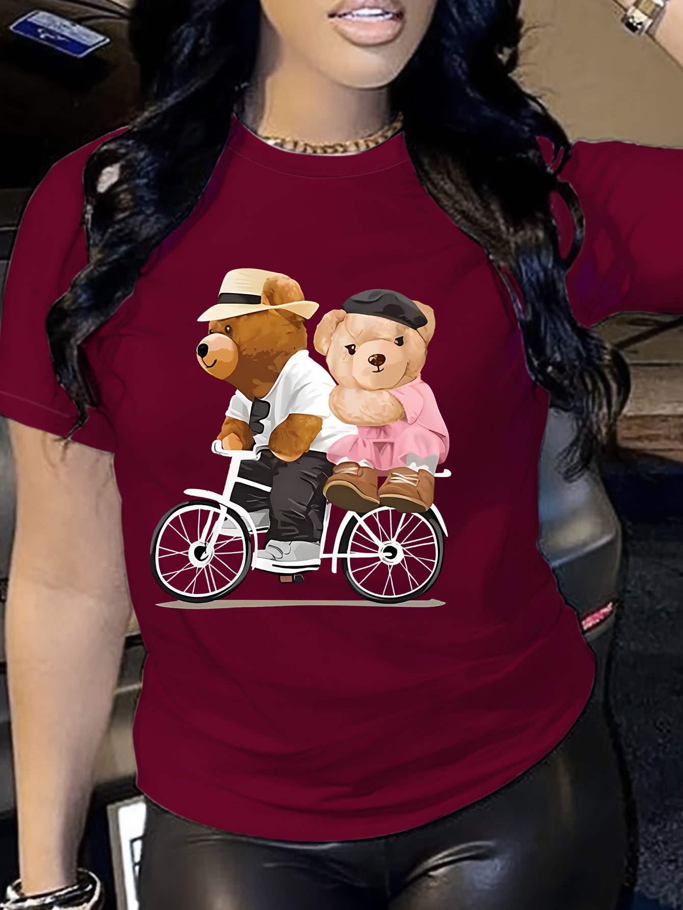 Teddy Bear Print T-shirt, Short Sleeve Crew Neck Casual Top For Summer & Spring, Women's Clothing