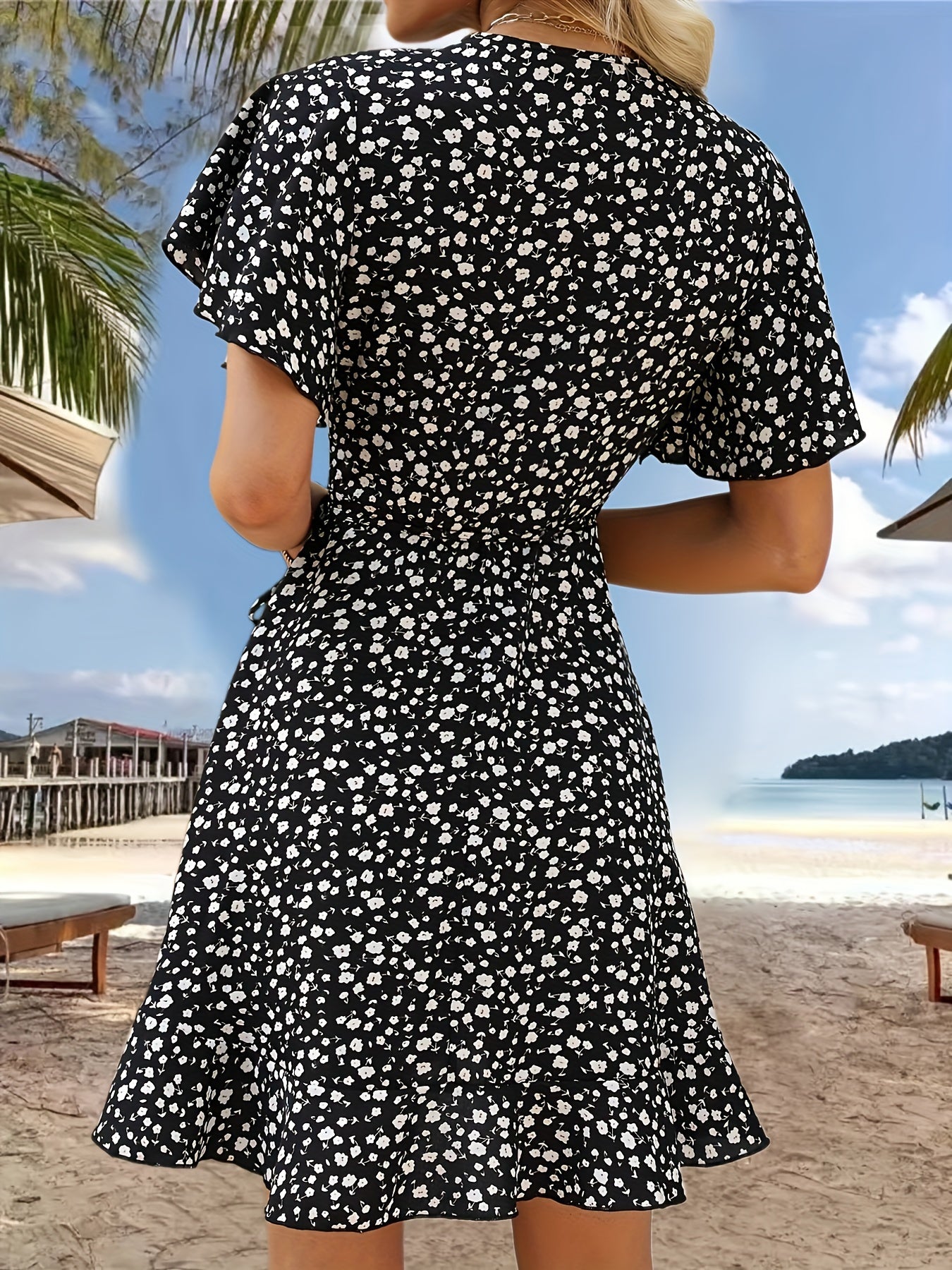 Floral Print V-neck Dress, Elegant Short Sleeve Cinched Waist Ruffle Hem Dress For Spring & Summer, Women's Clothing