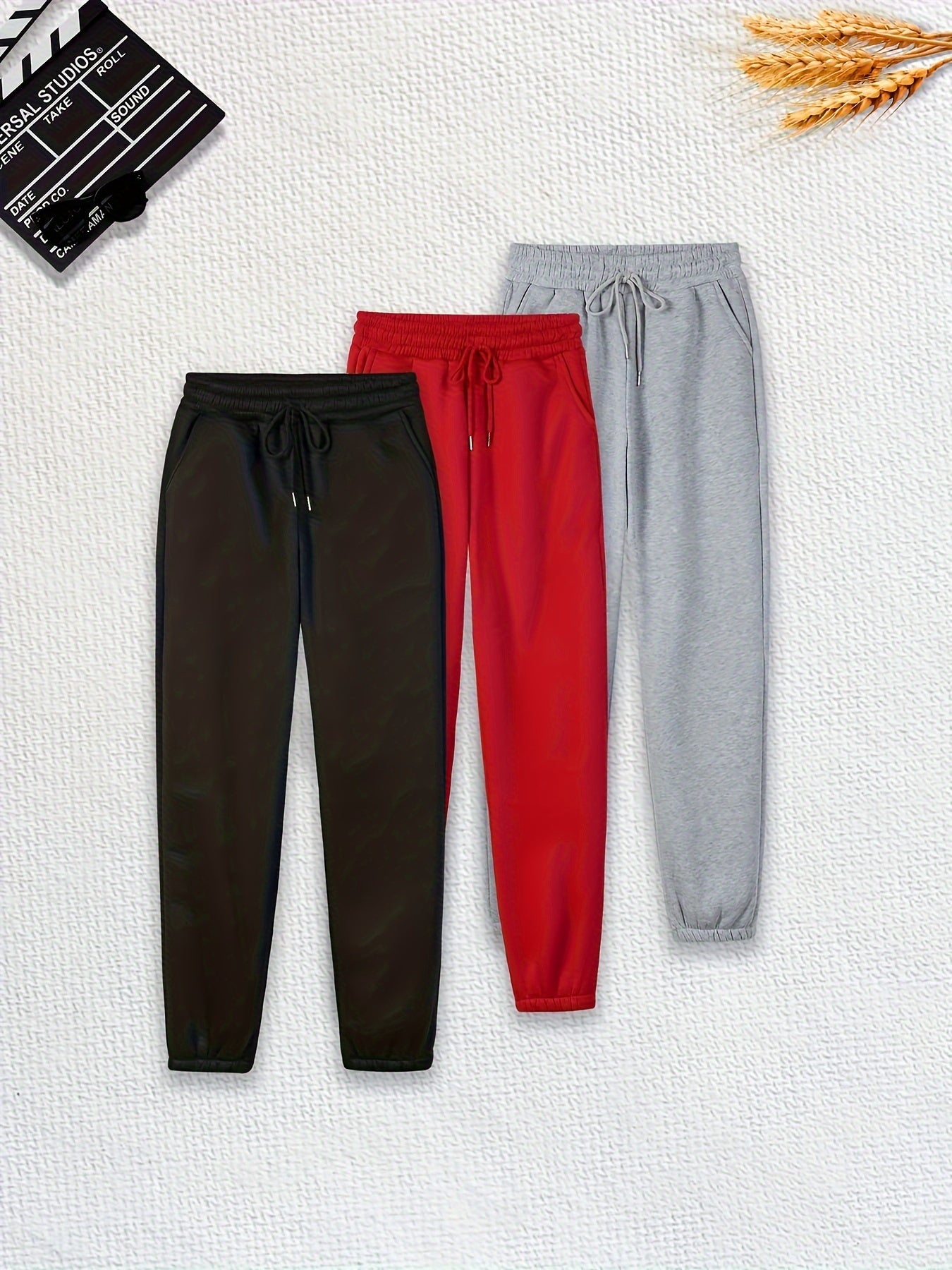 Three Pieces Of Solid Color Jogging Pants, Solid Color, Drawstring Waist, Casual Pants, Women's Trousers